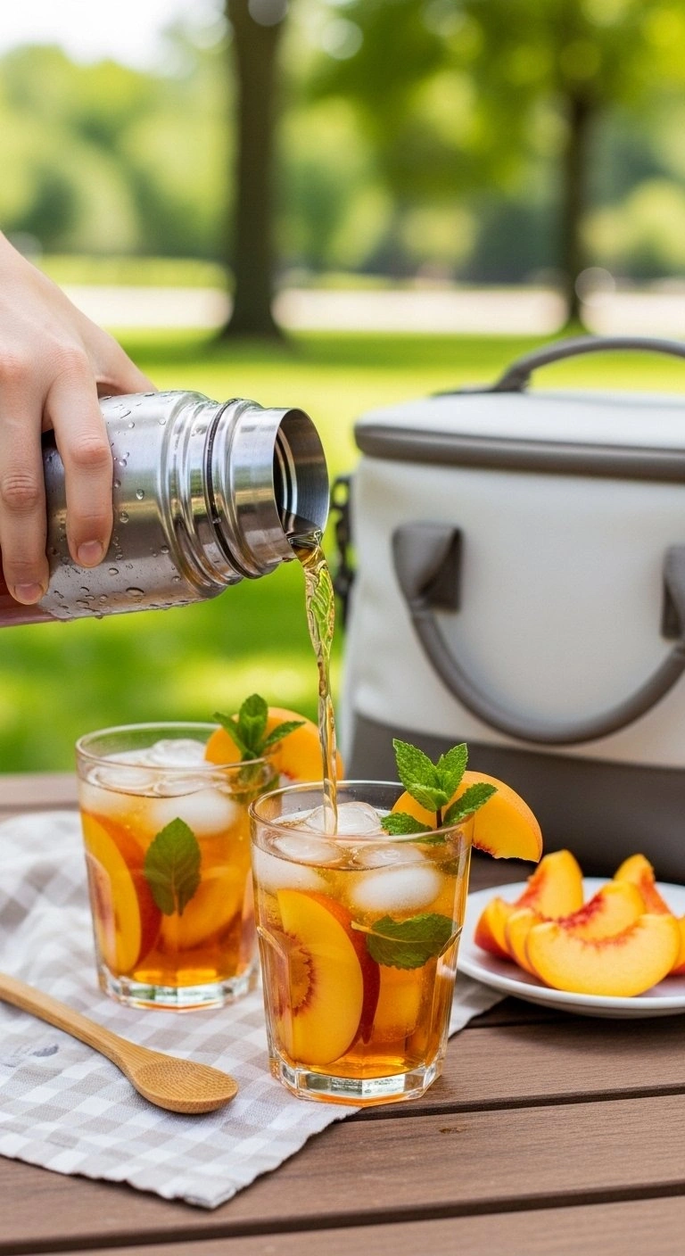 Refreshing Cold-Brew Iced Tea With Sliced Peaches And Fresh Mint In Glasses, Poured From A Thermos For A Picnic.