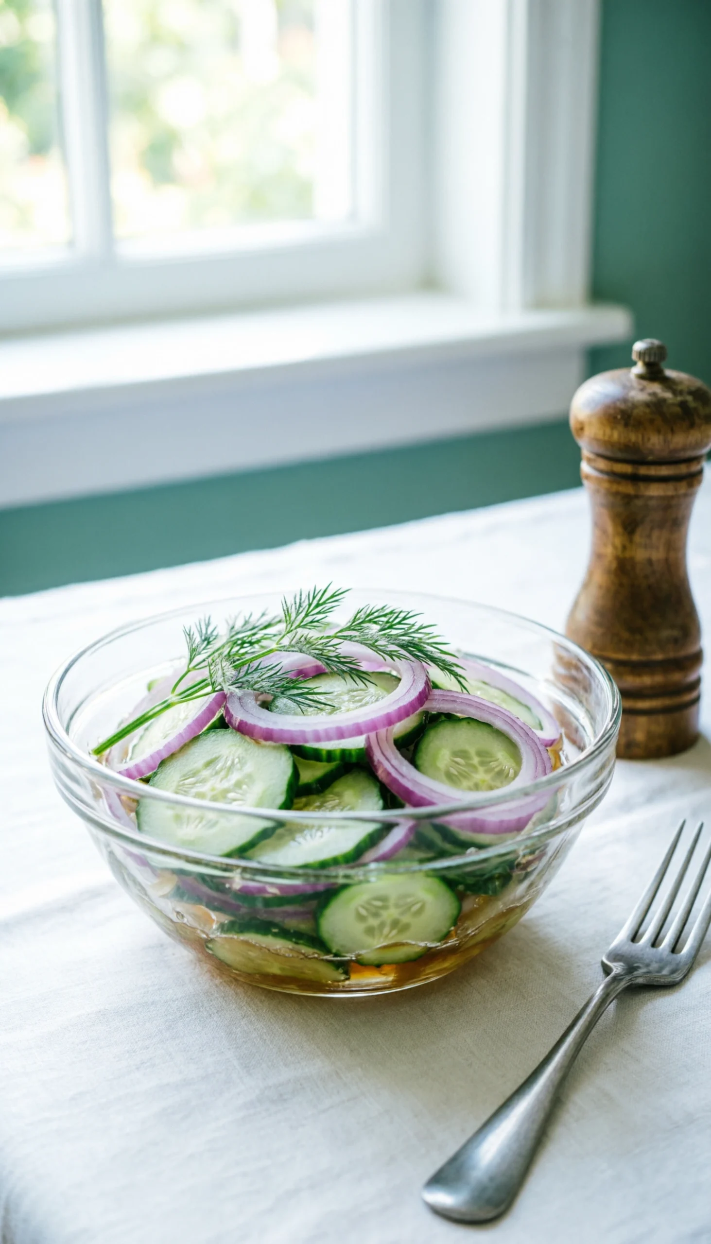 Refreshing cucumber and red onion salad with fresh dill and vinegar dressing in a glass bowl on a linen table.