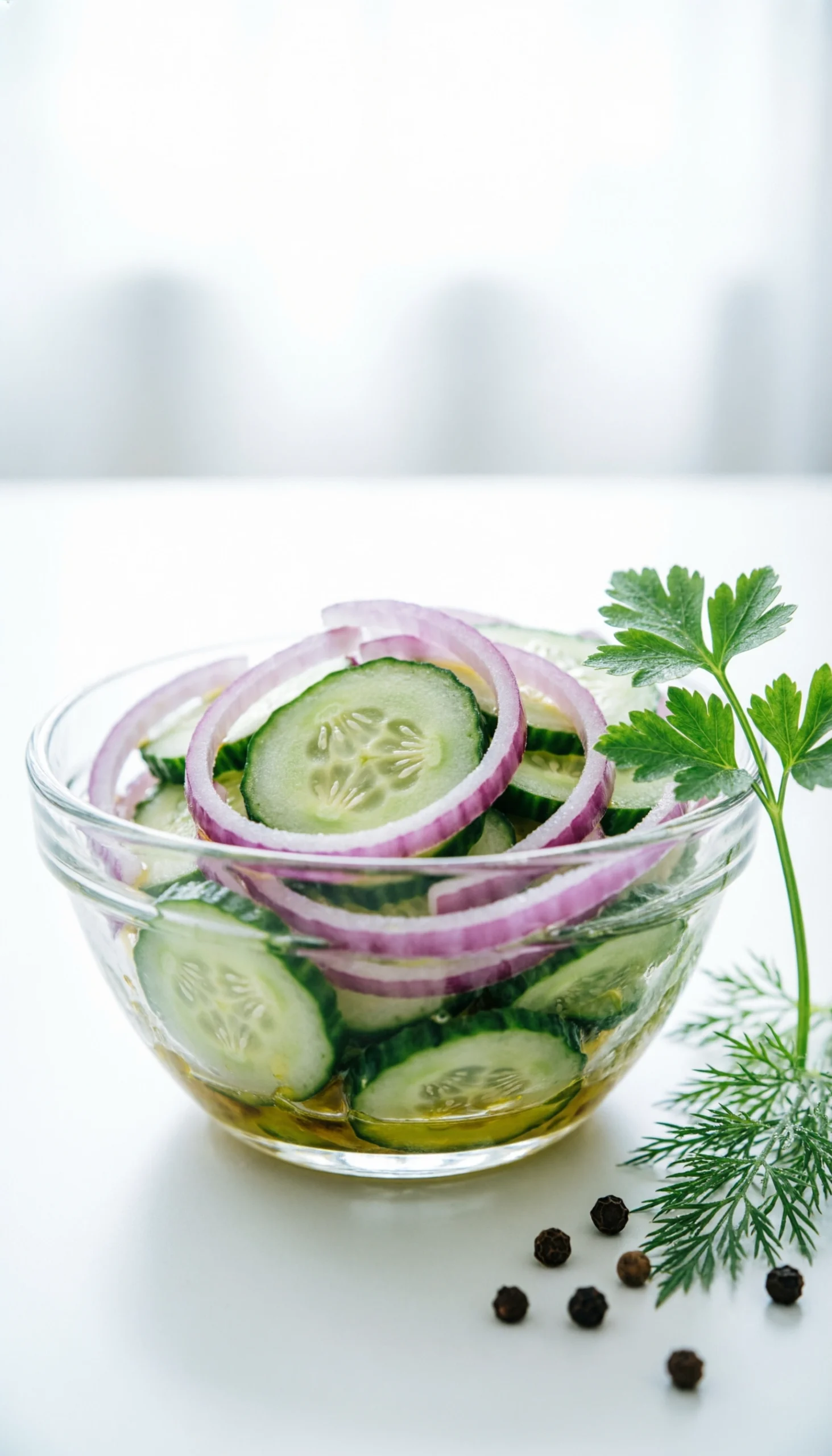 Refreshing cucumber and red onion salad with translucent slices in a clear vinaigrette dressing in a glass bowl.