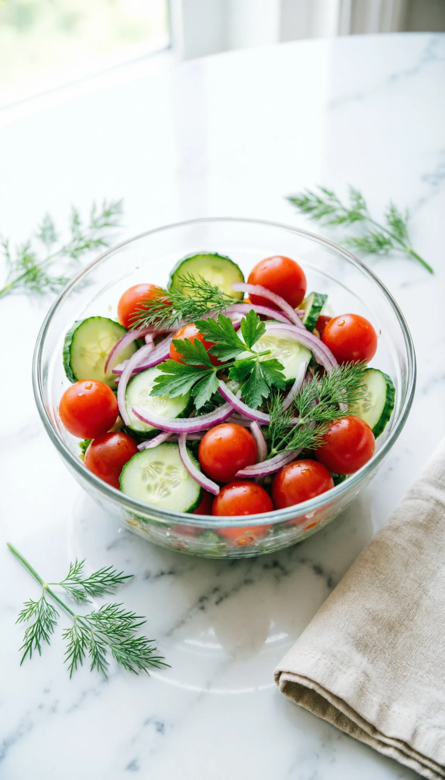Refreshing cucumber and tomato salad with red onion and dill served in a glass bowl on a white marble countertop.