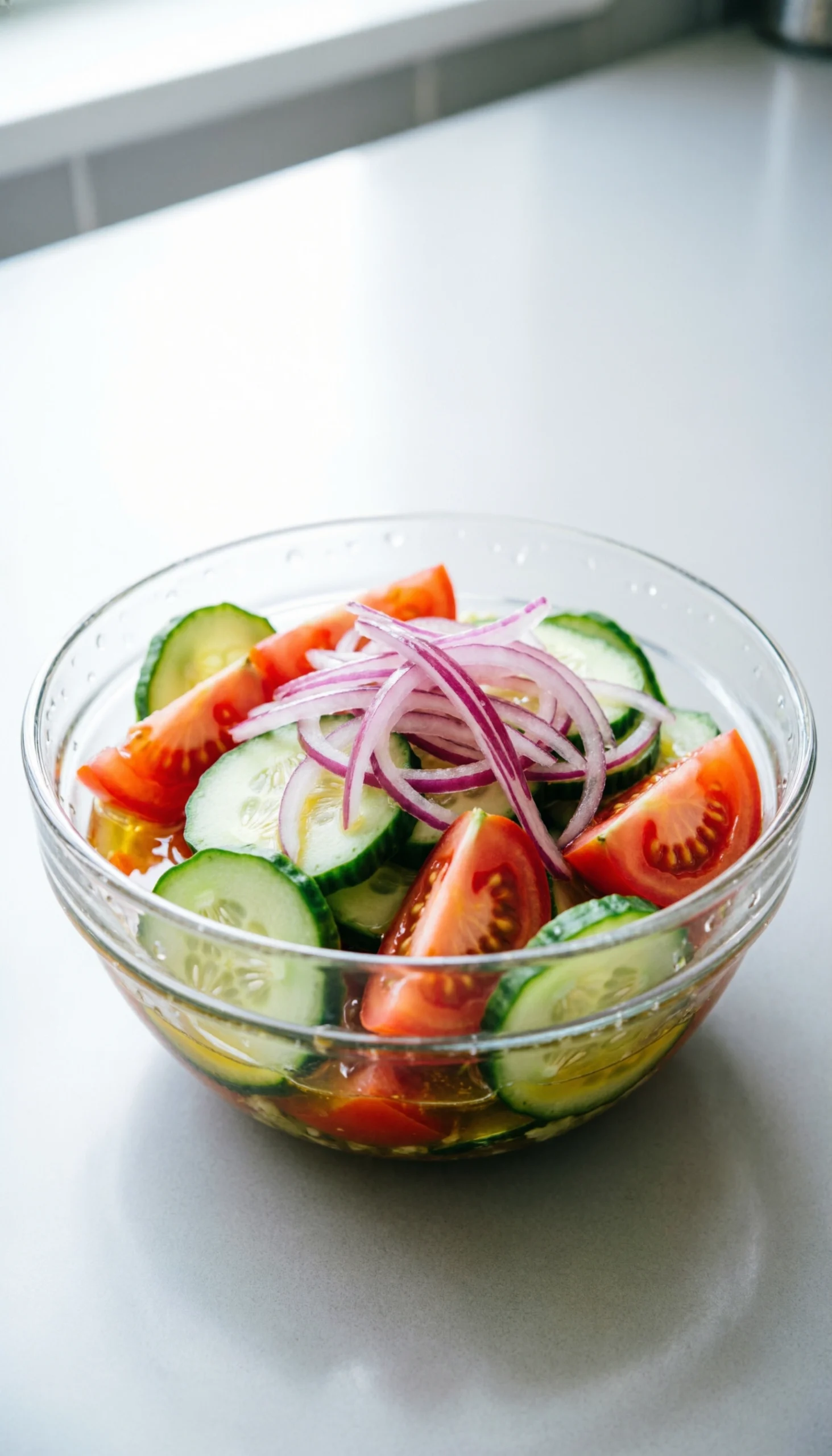 Refreshing cucumber and tomato salad with red onion and light vinaigrette in a glass bowl on a kitchen counter.