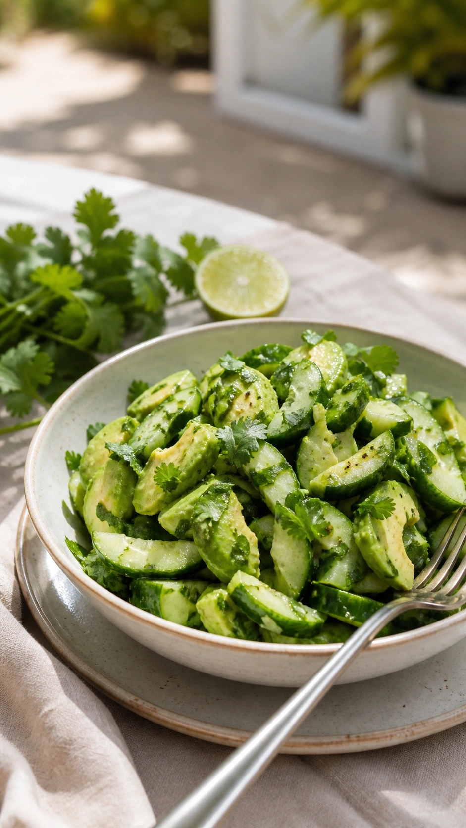 Refreshing cucumber avocado salad with lime dressing and cilantro in a light ceramic bowl on a linen tablecloth.