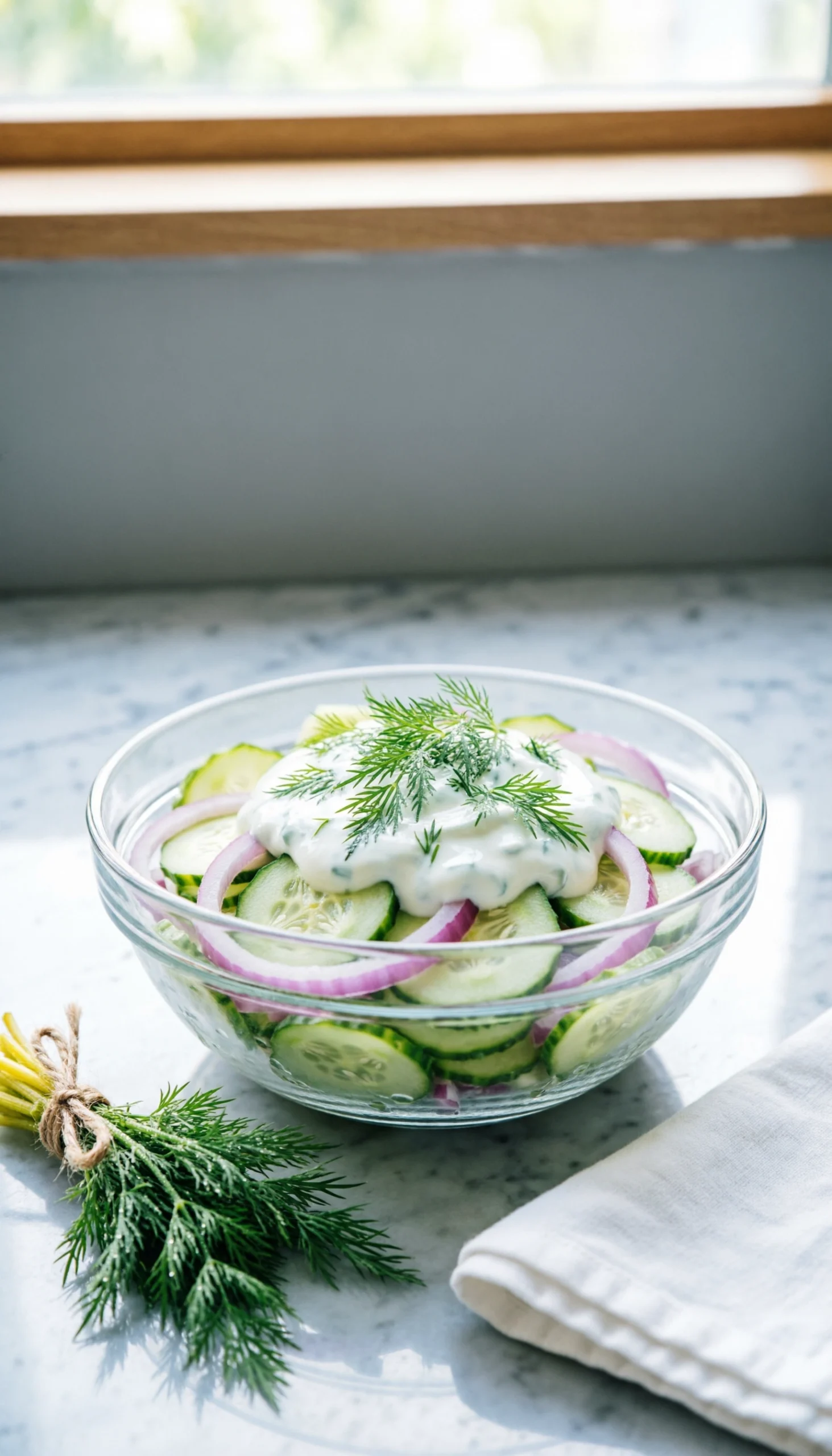 Refreshing cucumber dill salad with red onions and creamy dressing in a glass bowl on a marble countertop, perfect for summer.