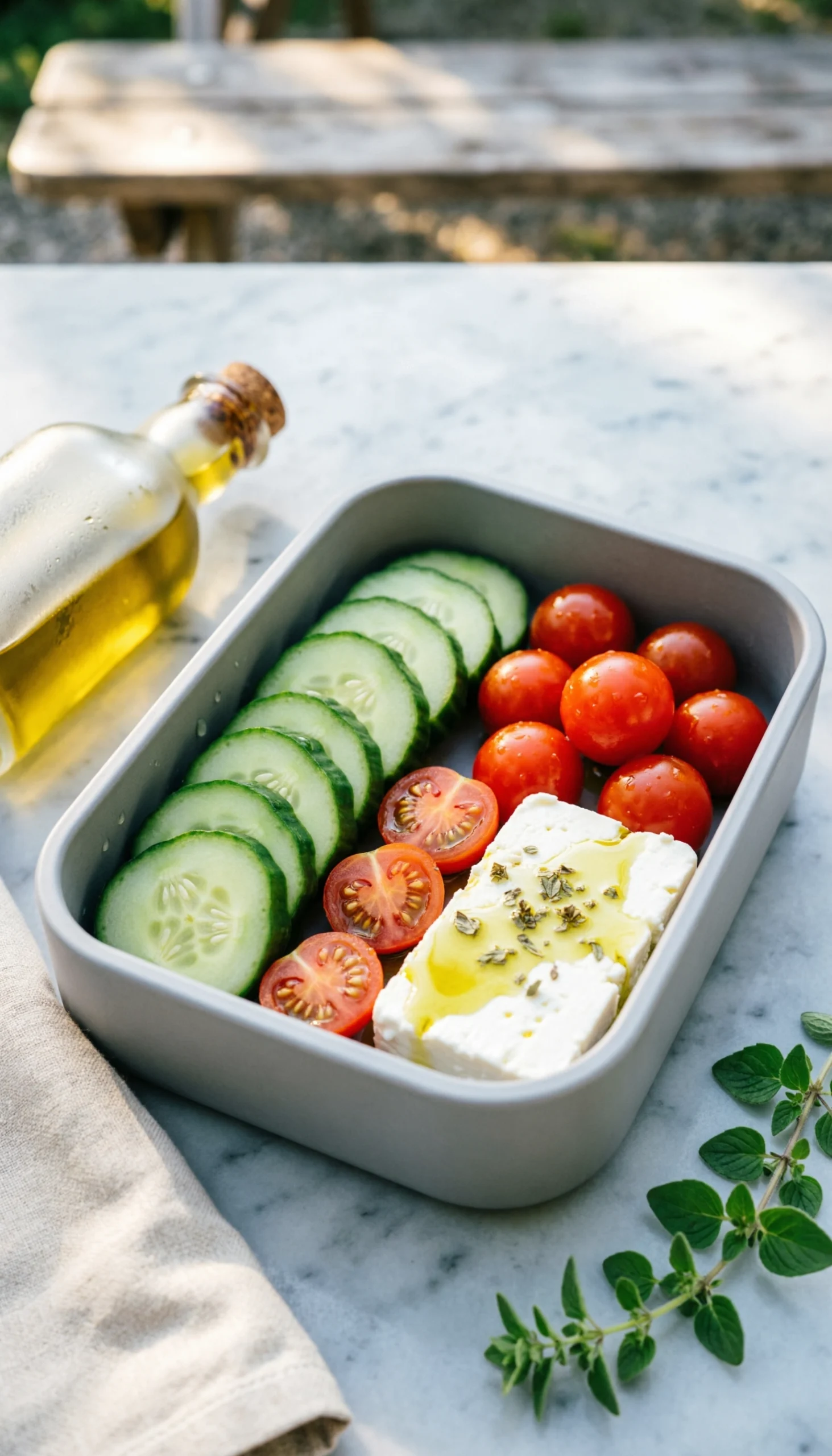 Refreshing cucumber tomato feta salad with olive oil and oregano in a sleek bento-style container on marble.