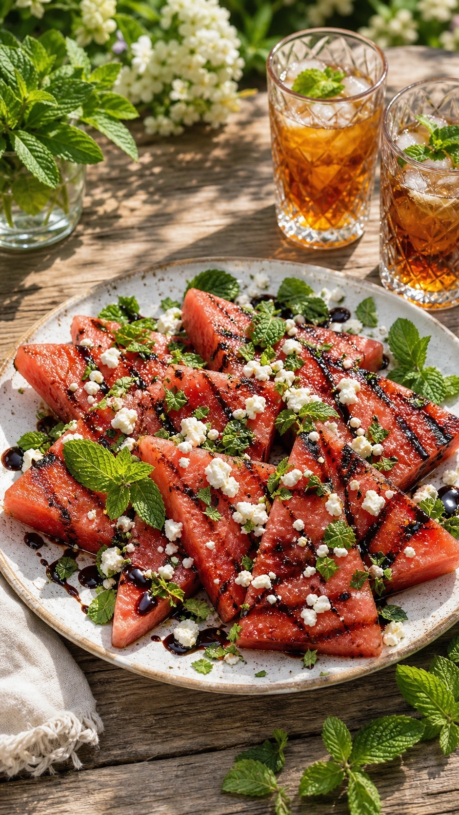 Refreshing grilled watermelon salad slices with fresh mint and vegan feta crumbles on a rustic wooden table.