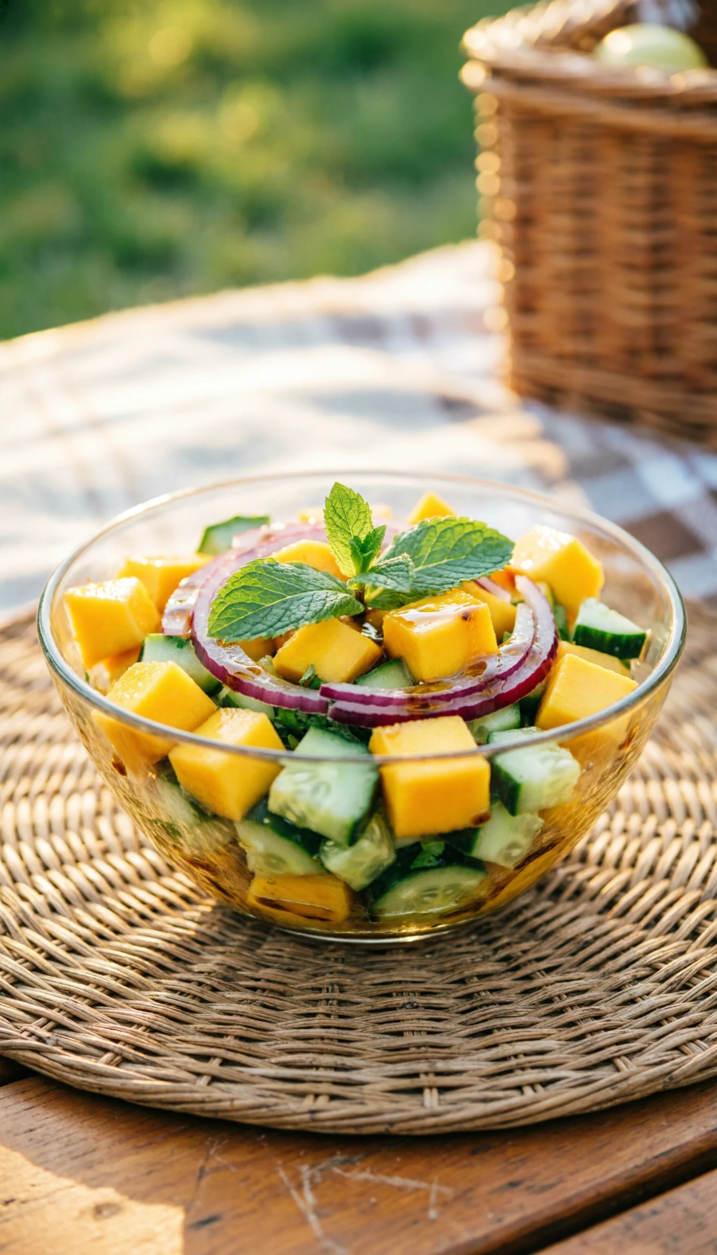 Refreshing mango cucumber salad with diced mango, chopped cucumber, red onion, and mint in a glass bowl.