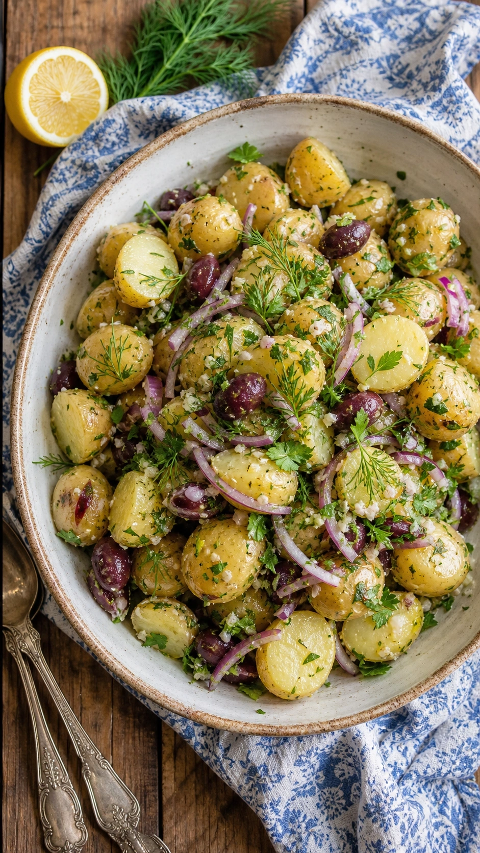 Refreshing No-Mayo Greek Potato Salad With Baby Potatoes, Red Onions, Kalamata Olives, Dill, And Parsley In A Rustic Ceramic Bowl.