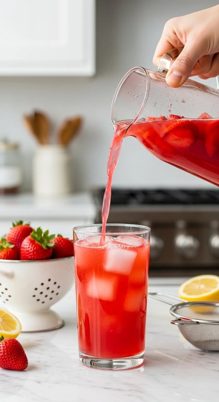 Refreshing Strawberry Lemonade Pouring Into An Iced Highball Glass With Fresh Berries On A White Marble Counter.