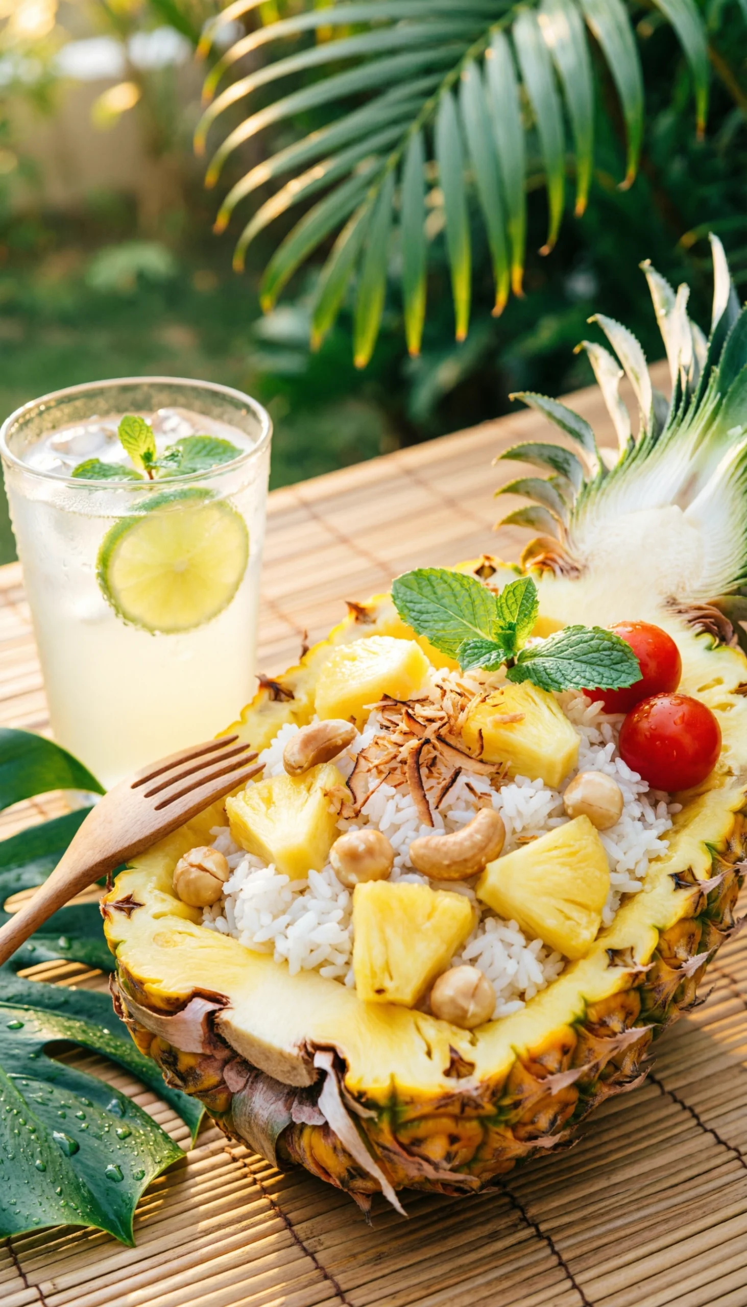 Refreshing tropical pineapple rice salad served in a pineapple boat with toasted coconut flakes and macadamia nuts.