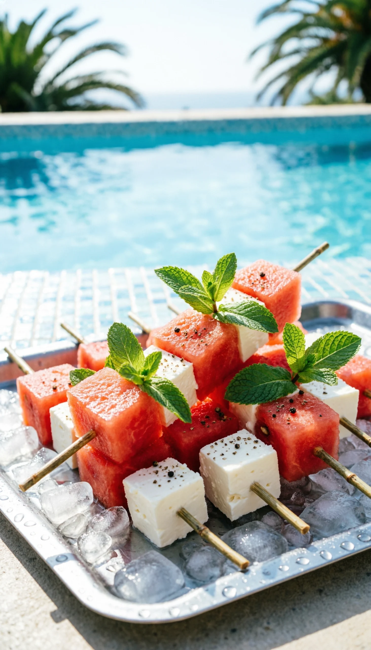 Refreshing watermelon and feta fruit kabobs with fresh mint on a silver tray with ice in a sunny poolside setting.