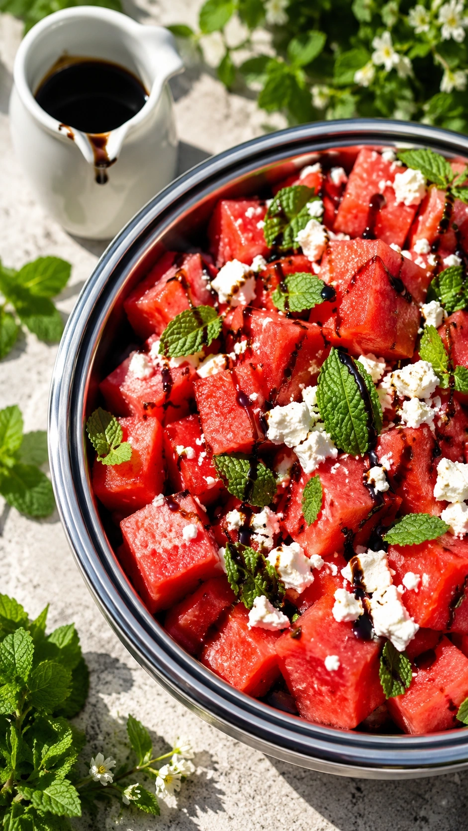 Refreshing watermelon and feta salad with fresh mint and balsamic glaze in an elegant serving bowl on a stone surface outdoors.