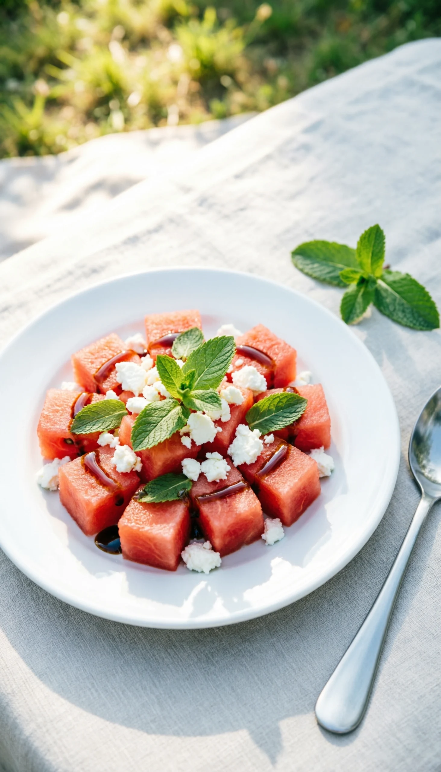 Refreshing watermelon and feta salad with fresh mint leaves and balsamic glaze on a white ceramic serving platter.