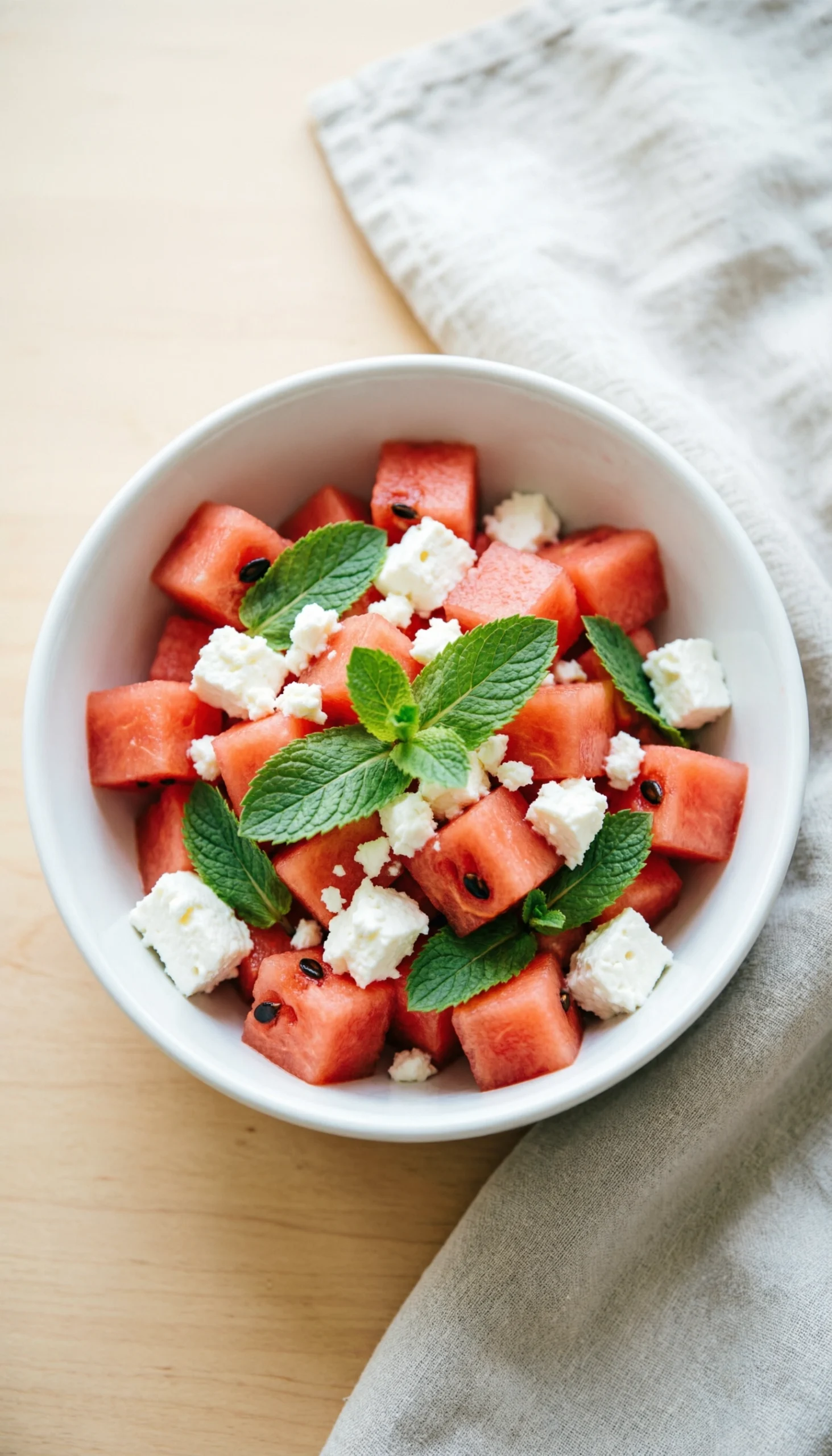 Refreshing Watermelon And Feta Salad With Fresh Mint Leaves In A White Bowl On A Light Wood Background.