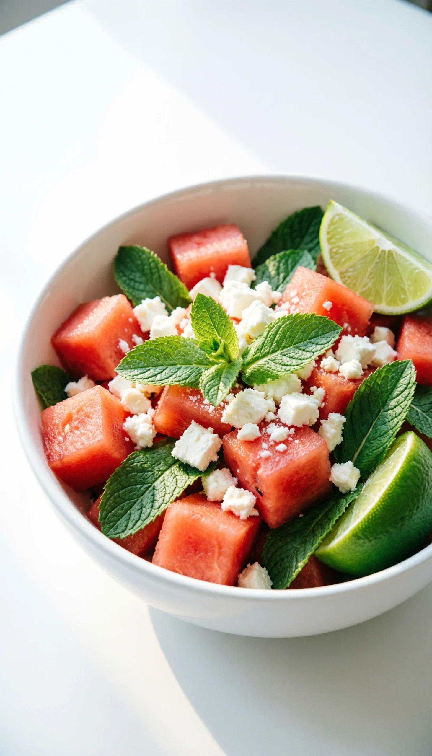 Refreshing watermelon, feta, and mint salad in a white bowl on a clean background for a fresh summer dish.