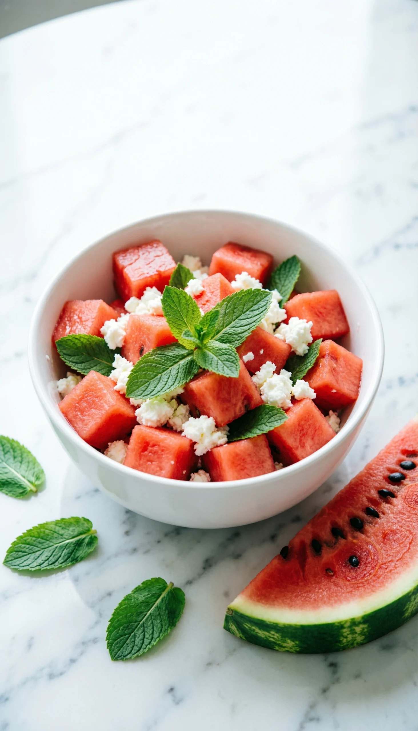 Refreshing watermelon, feta, and mint salad in a white bowl on marble, with extra mint and watermelon wedge.