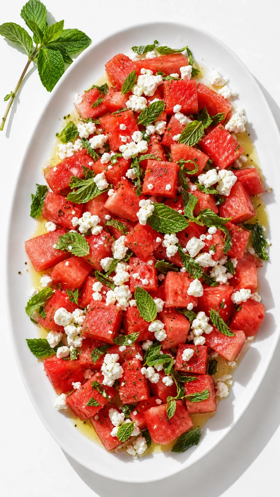 Refreshing watermelon, feta, and mint salad on a white platter, captured in bright, natural daylight.