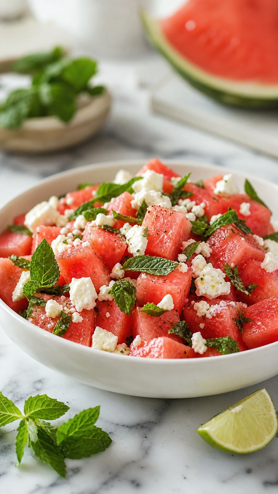 Refreshing Watermelon, Feta, And Mint Salad With Vibrant Red Cubes, Crumbled Feta, And Green Mint In A White Bowl.
