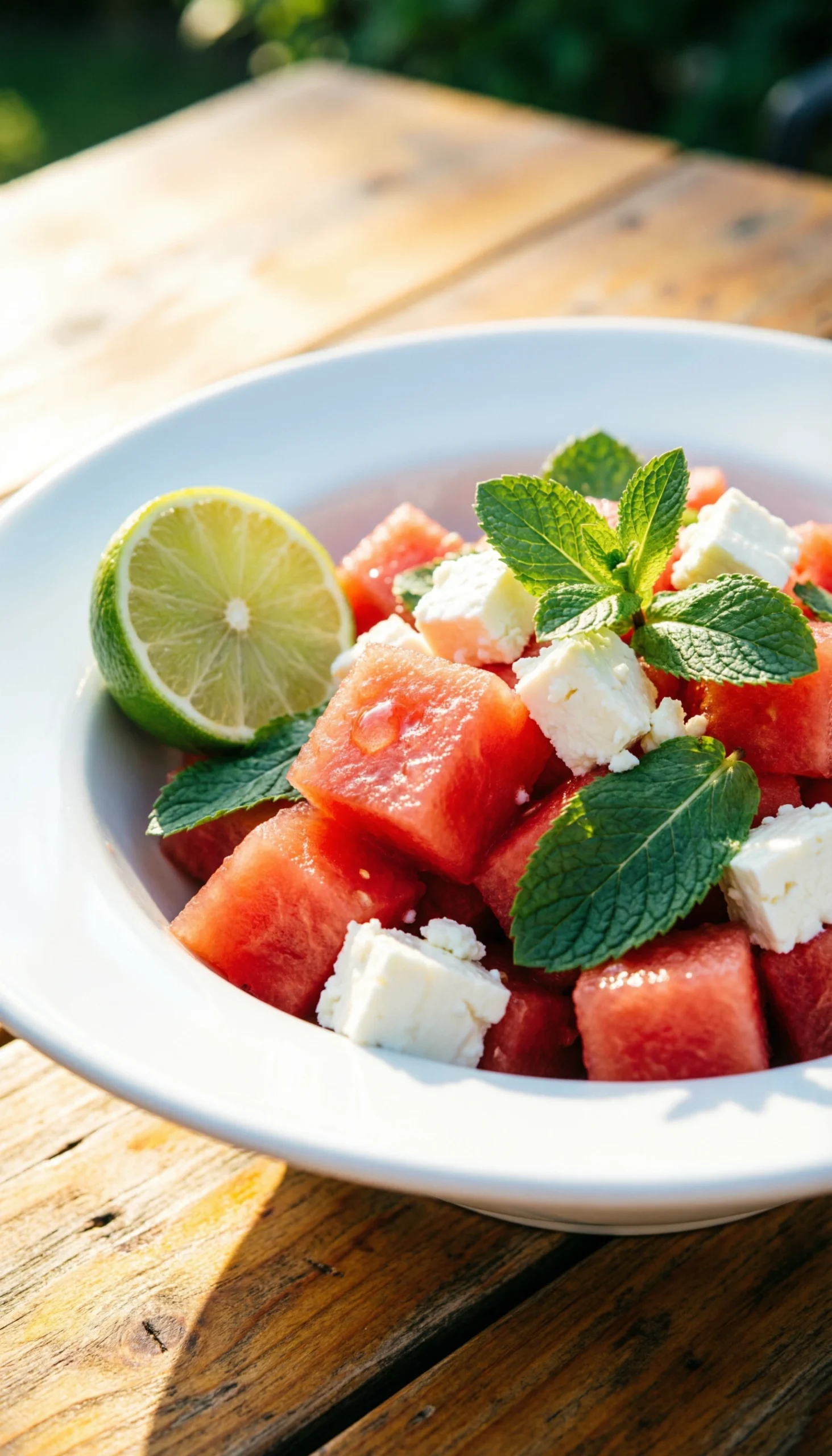 Refreshing Watermelon Feta Mint Salad With Juicy Red Cubes And Fresh Herbs In A Bowl On A Rustic Teak Table.