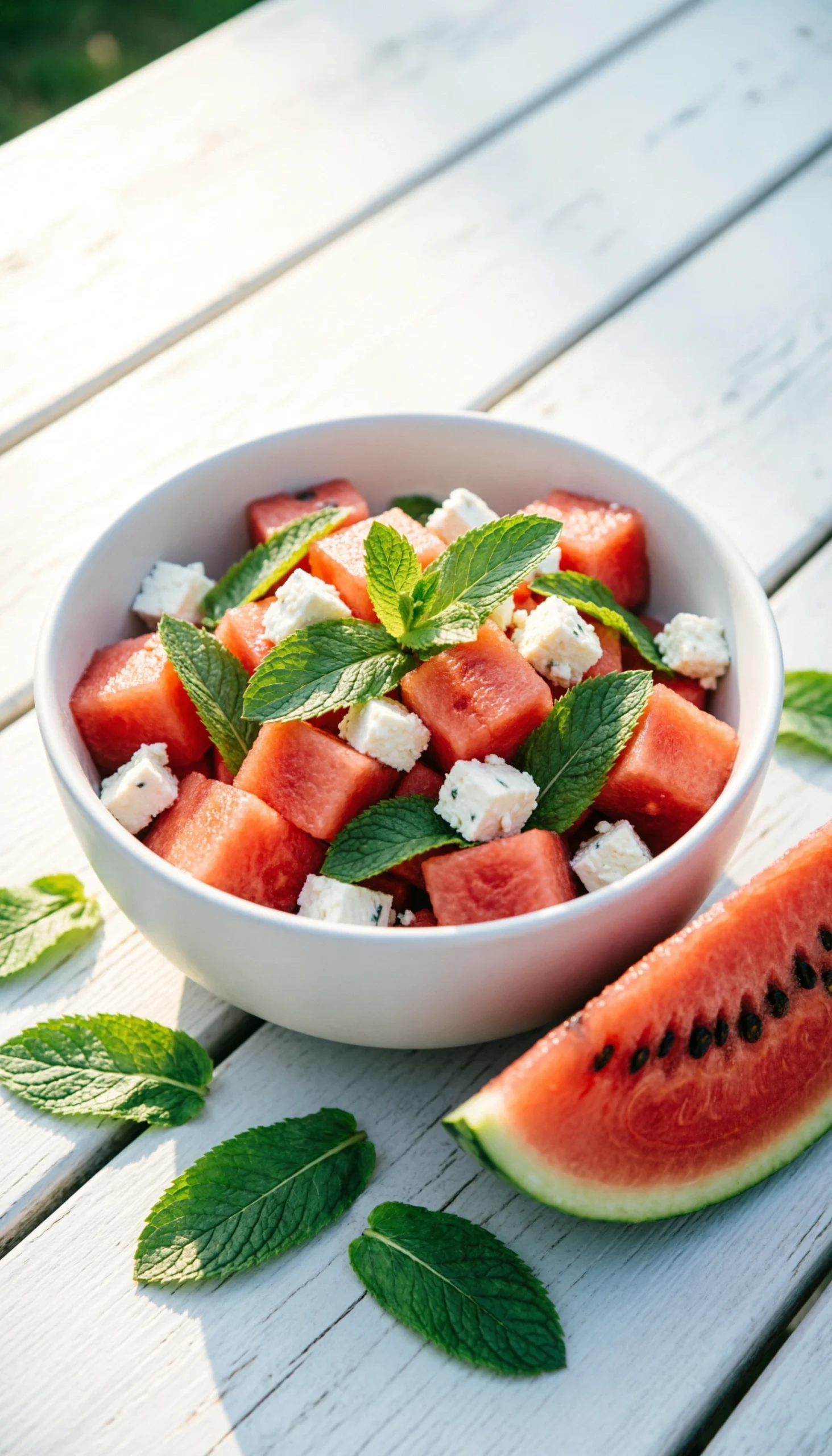 Refreshing watermelon salad with dairy-free feta crumbles and fresh mint leaves in a white bowl on a wooden table.