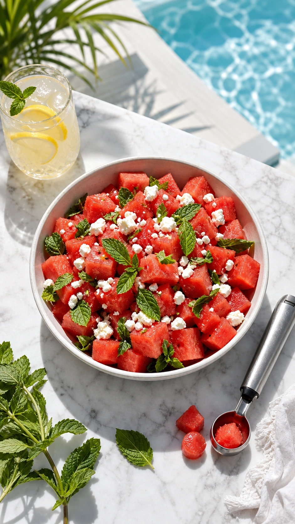 Refreshing watermelon salad with feta cheese and mint leaves on a marble surface by a sunny outdoor pool deck.