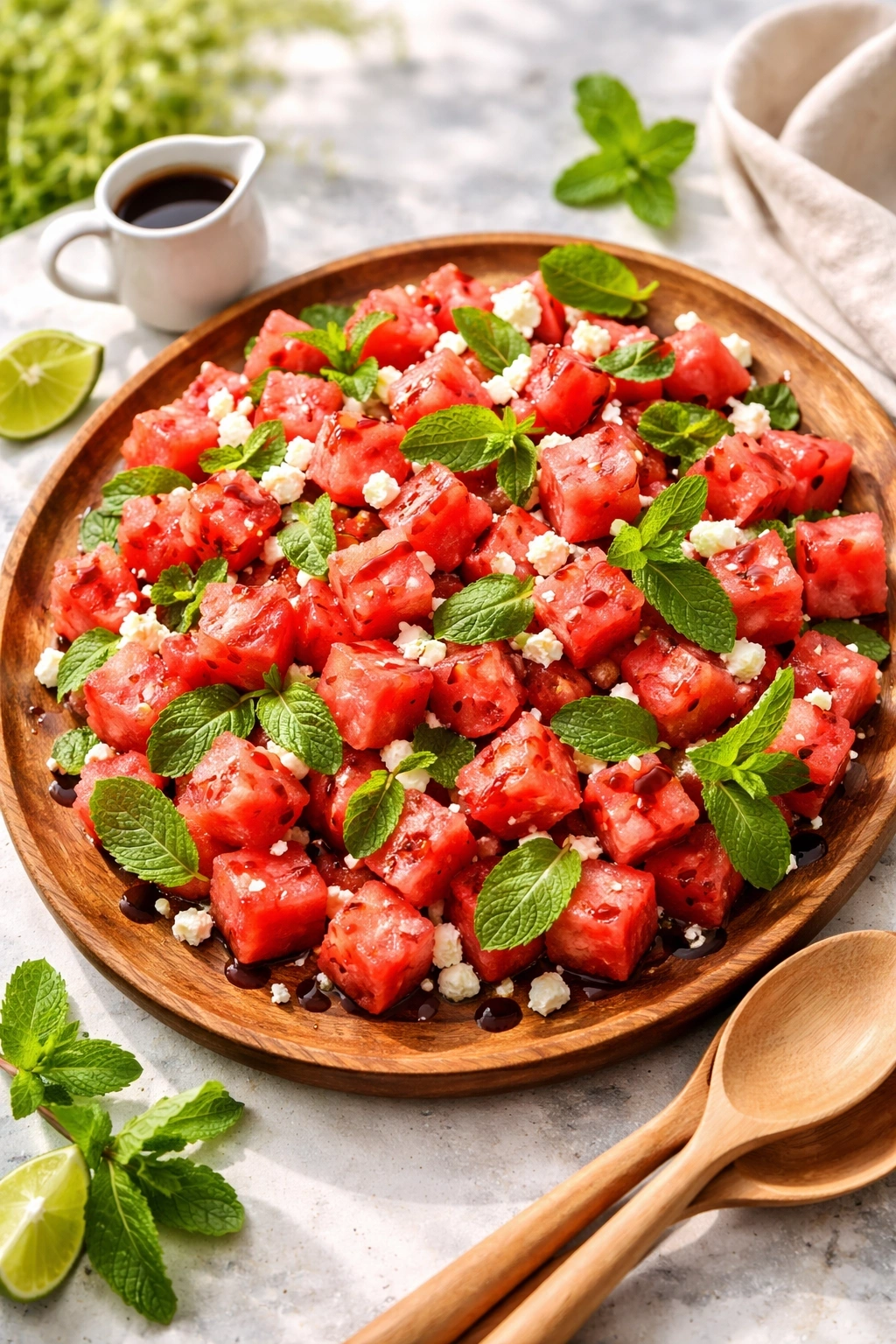 Refreshing watermelon salad with red cubes, white feta, green mint, and balsamic glaze on a wooden platter outdoors.