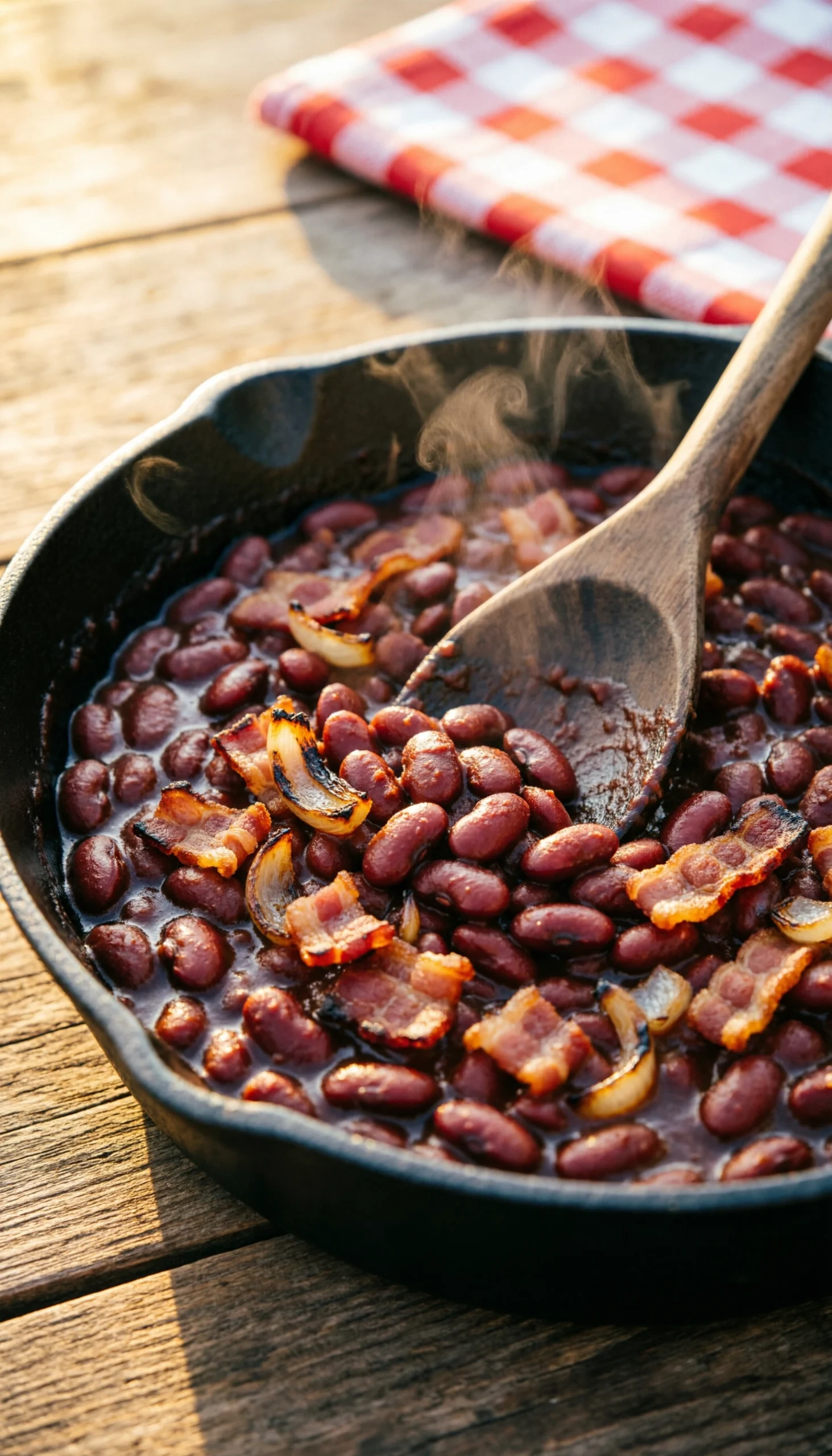 Rich Southern baked beans bubbling in a cast iron skillet with bacon and onions, served on a rustic picnic table.