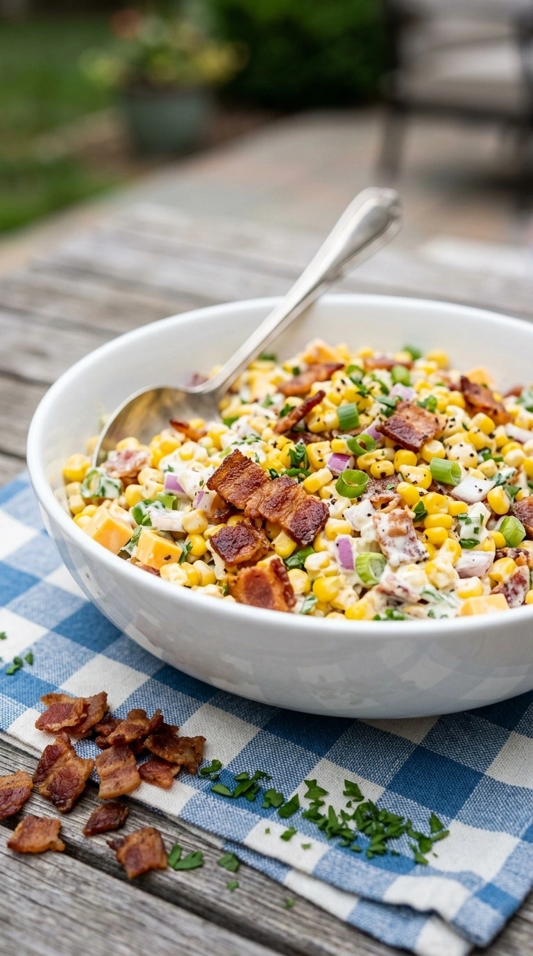 Rich Southern creamed corn with melted butter and fresh thyme in a cast iron dish on a rustic linen kitchen tablecloth.