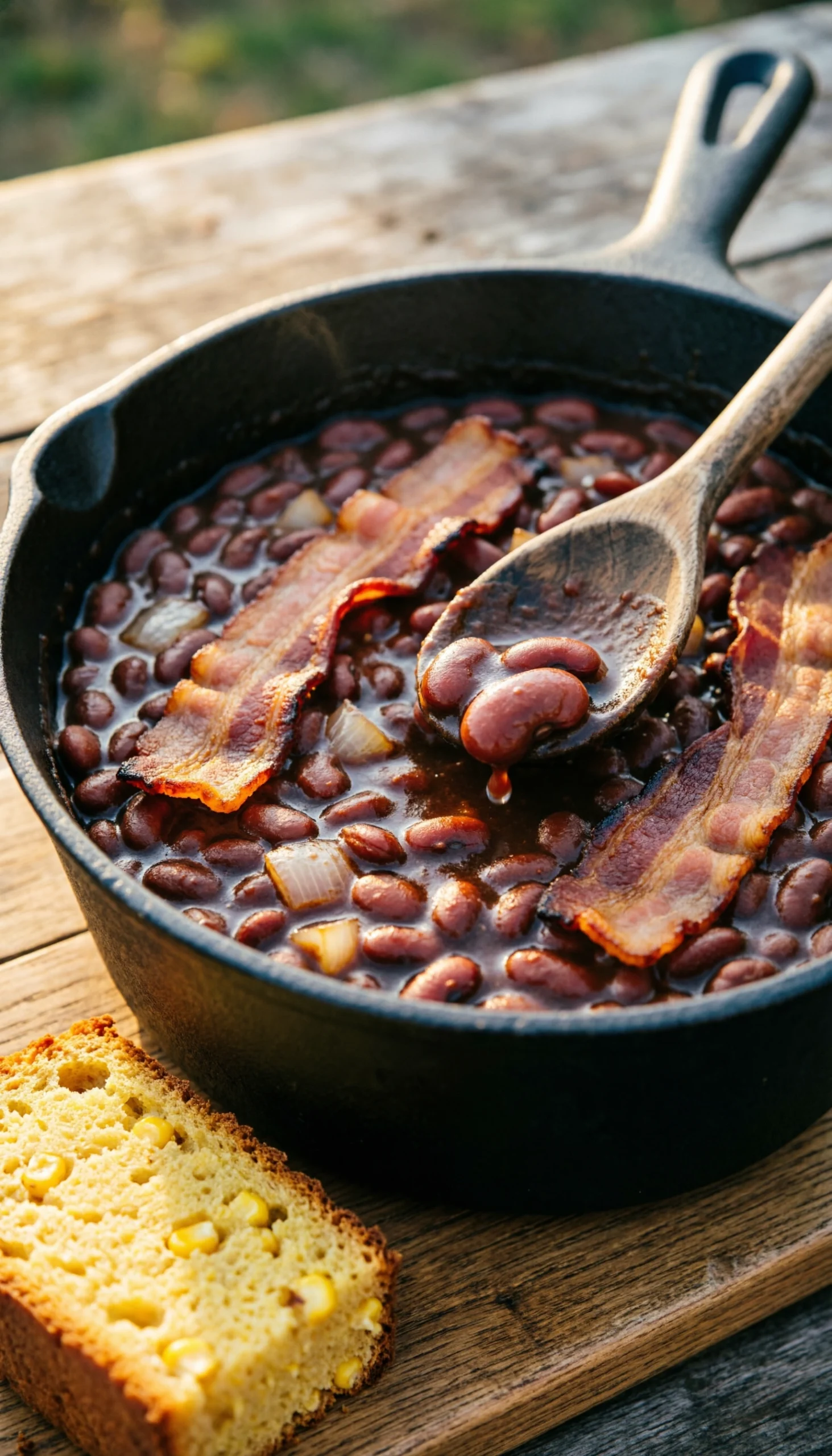 Rich baked beans with bacon and onions in a rustic cast iron pot served on a wooden trivet for a picnic.