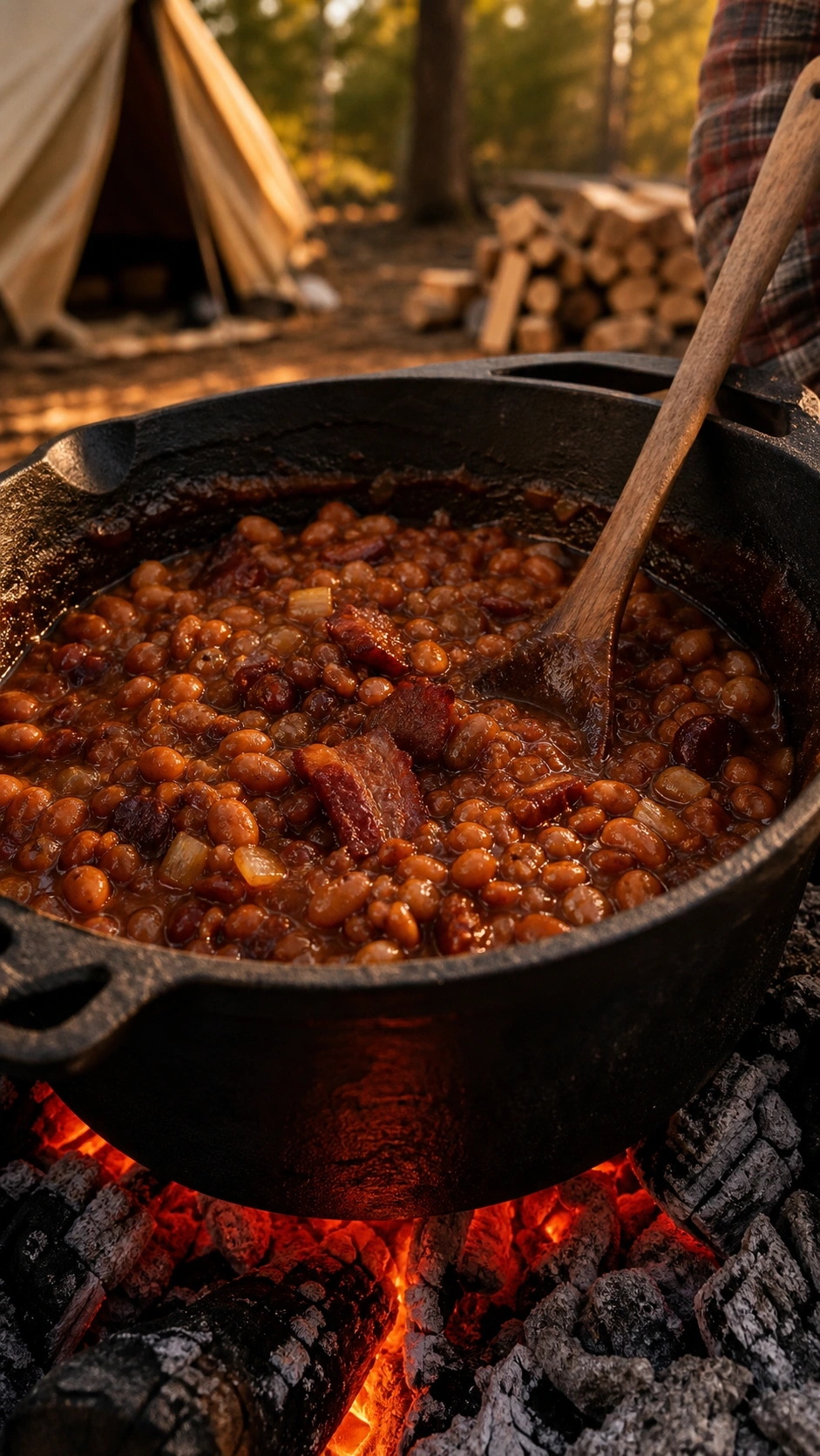 Rich, bubbling Dutch oven baked beans with bacon and onions in hot coals, with a wooden spoon and camp shirt.