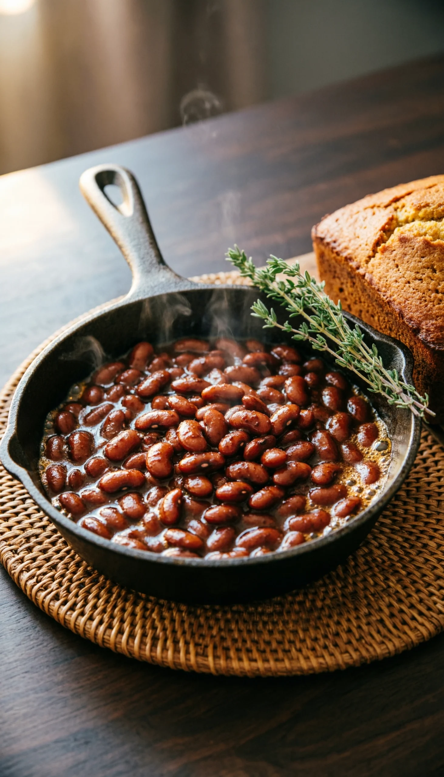 Rich, bubbling vegan baked beans with caramelized color in a cast-iron skillet, garnished with fresh thyme, a cozy recipe.