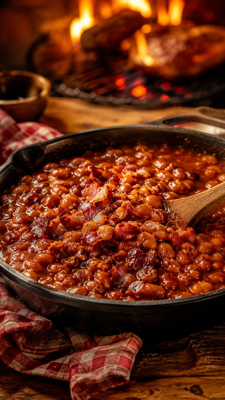 Rich, bubbly baked beans with crispy bacon and brown sugar glaze in a cast iron skillet on a rustic wooden table.