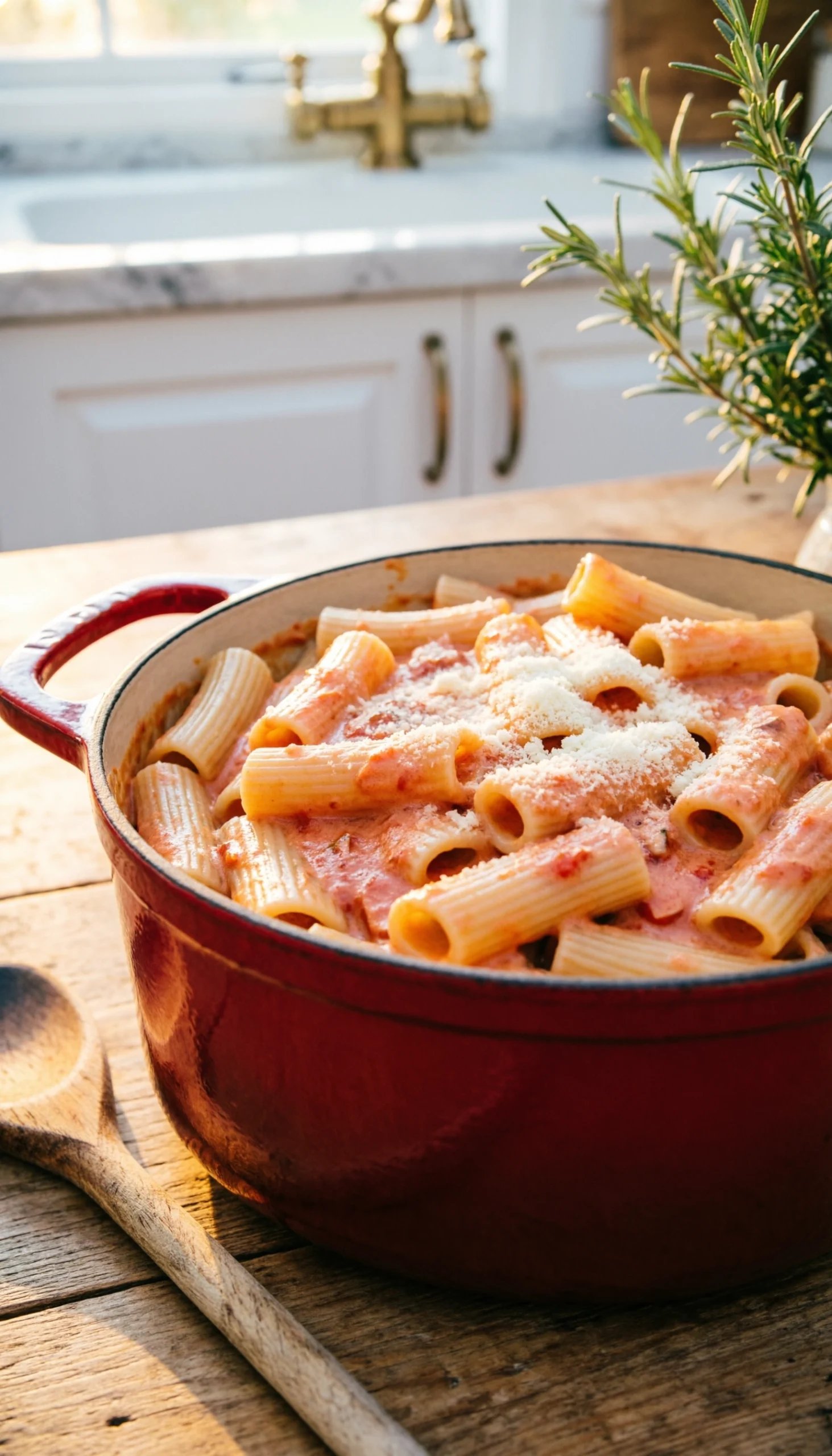 Rich creamy tomato rigatoni pasta with parmesan cheese served in a rustic enameled dutch oven on a wooden table.