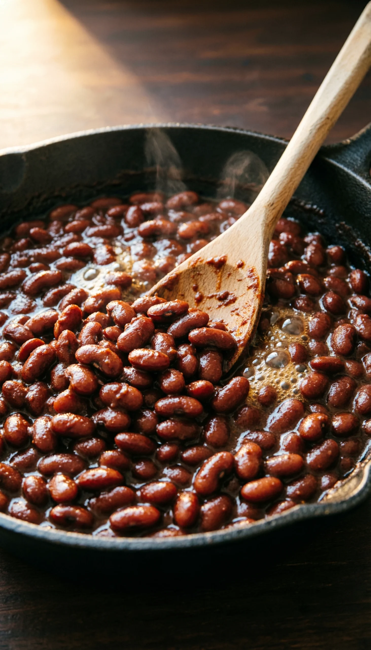 Rich, dark baked beans bubbling in a rustic cast-iron skillet with a wooden spoon on a dark wooden surface.