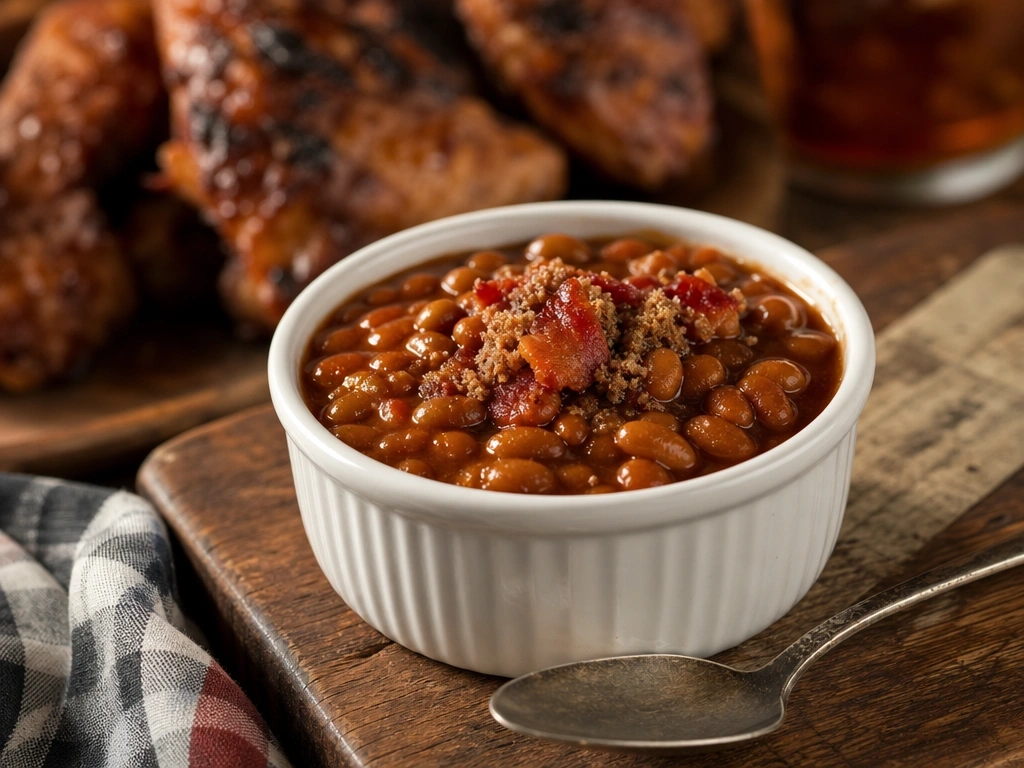 Rich mahogany baked beans topped with bacon in a white ceramic ramekin for a classic summer barbecue side dish recipe.