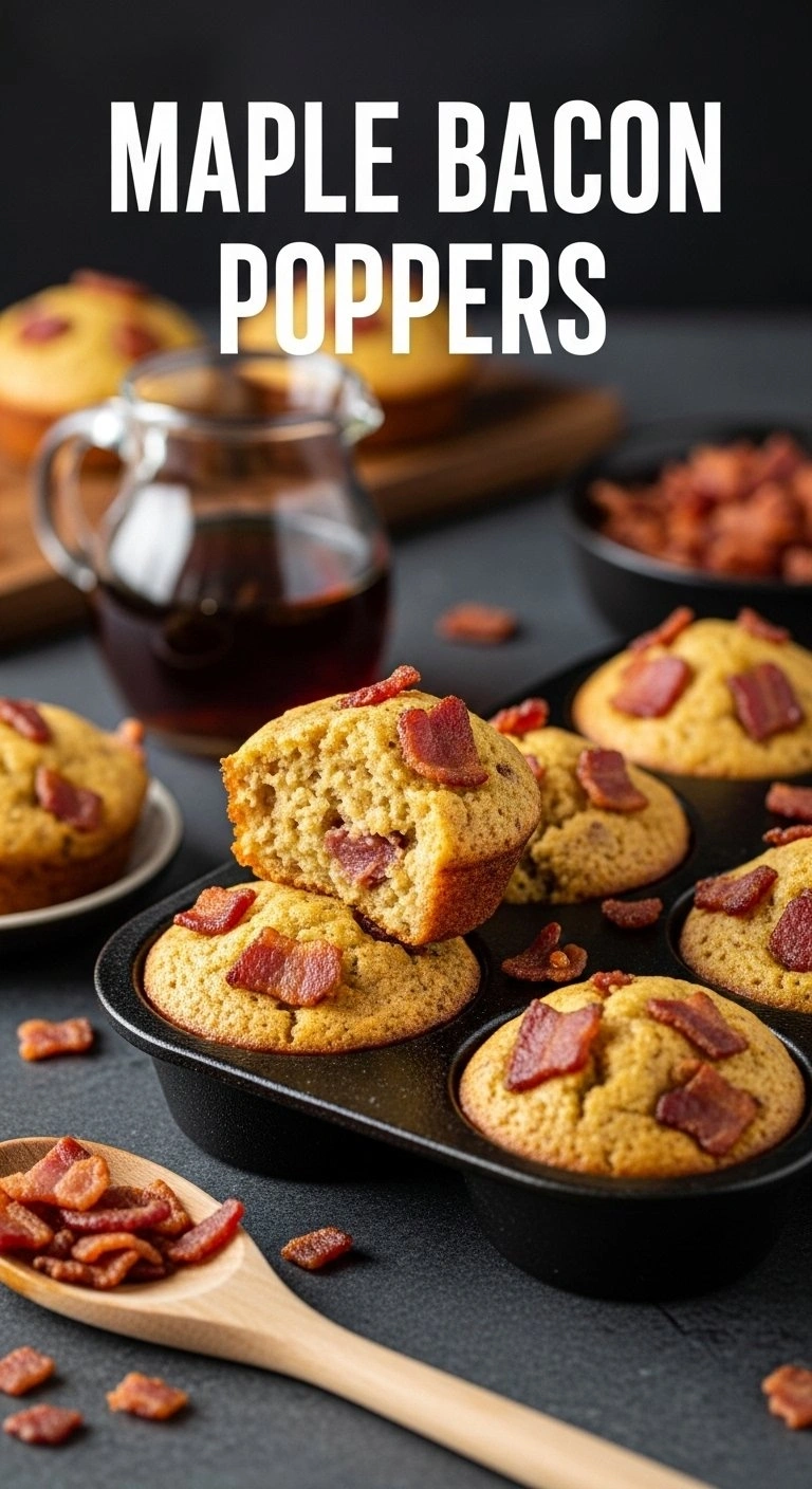 Rich Maple Bacon Cornbread Poppers Studded With Crispy Bacon Bits Sit In A Vintage Cast Iron Pan In A Rustic Kitchen.