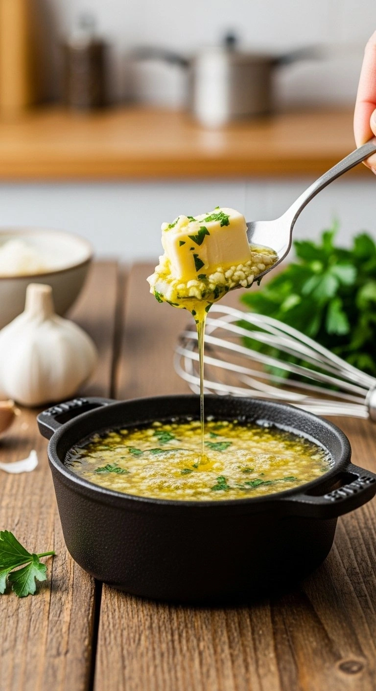 Rich Melted Garlic Herb Butter Sauce With Fresh Parsley Bubbling In A Small Cast Iron Pot On A Rustic Wood Table.