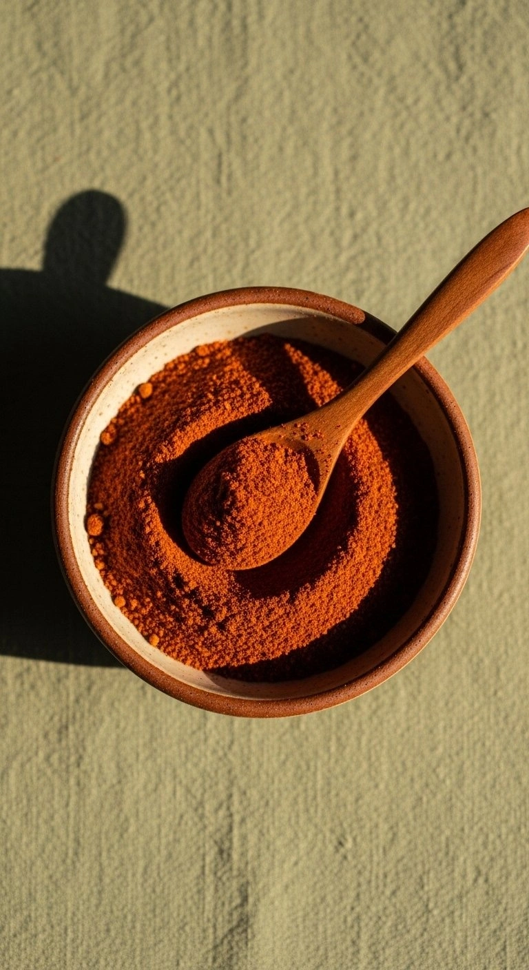 Rich Red Chipotle Chili Powder In A Rustic Ceramic Bowl With A Small Wooden Spoon On A Linen Tablecloth.