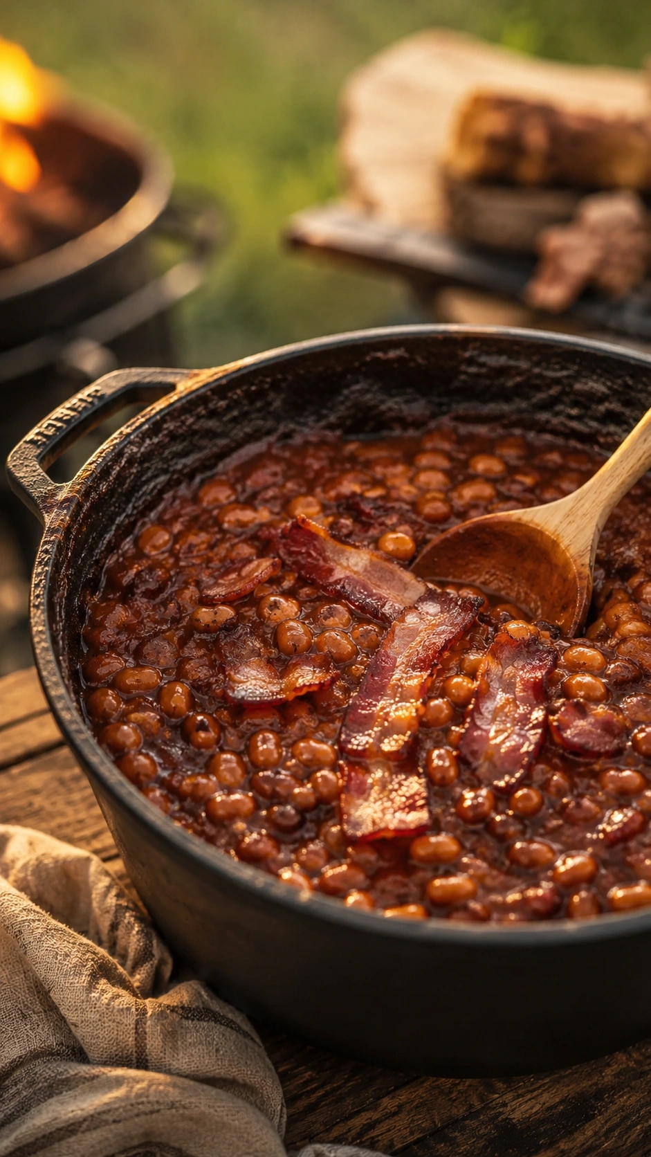 Rich, smoky homemade baked beans with crispy bacon bubbling in a black cast iron dutch oven on a rustic wooden table.