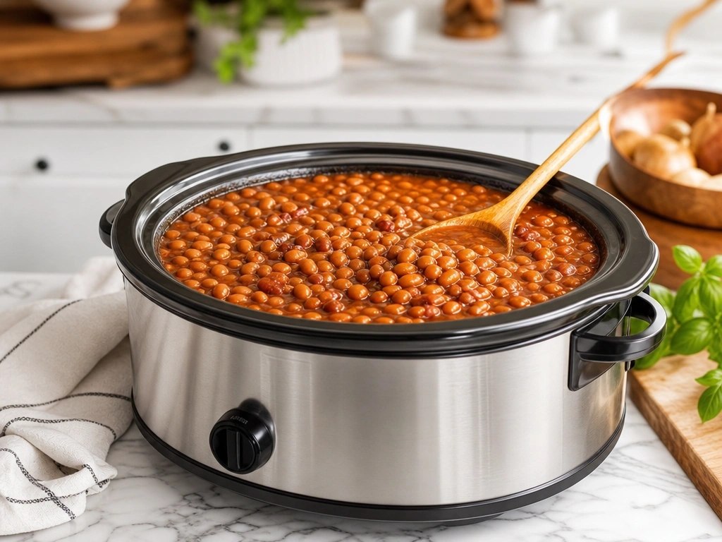 Rich, steaming baked beans in a modern stainless steel slow cooker with a wooden serving spoon on marble counters.
