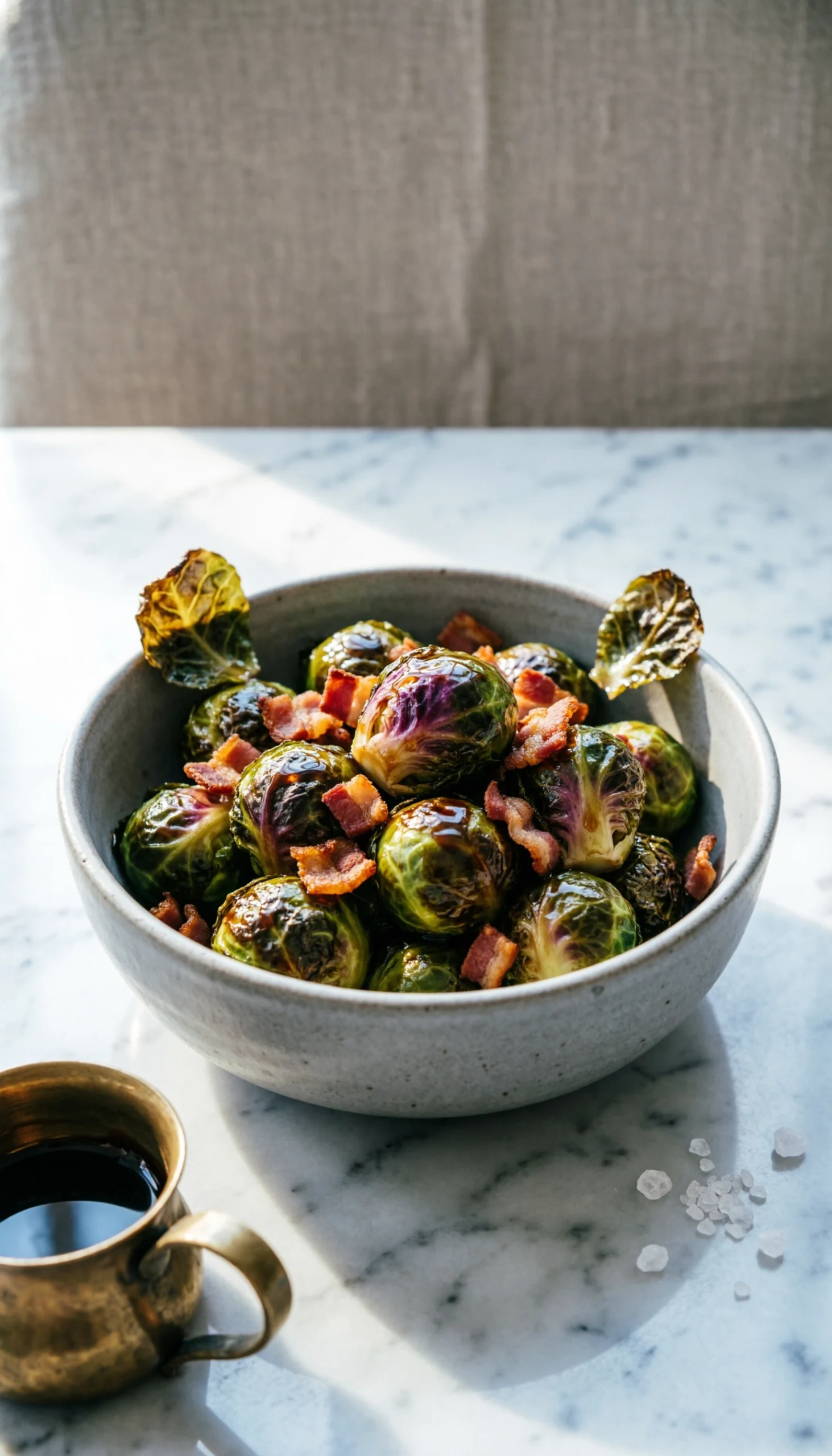 Roasted Brussels sprouts with balsamic glaze and crispy bacon in a white ceramic bowl on a marble countertop.