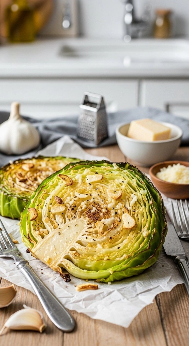 Roasted Parmesan Garlic Cabbage Steaks With Crispy Edges Served On Parchment Paper On A Rustic Wooden Table.
