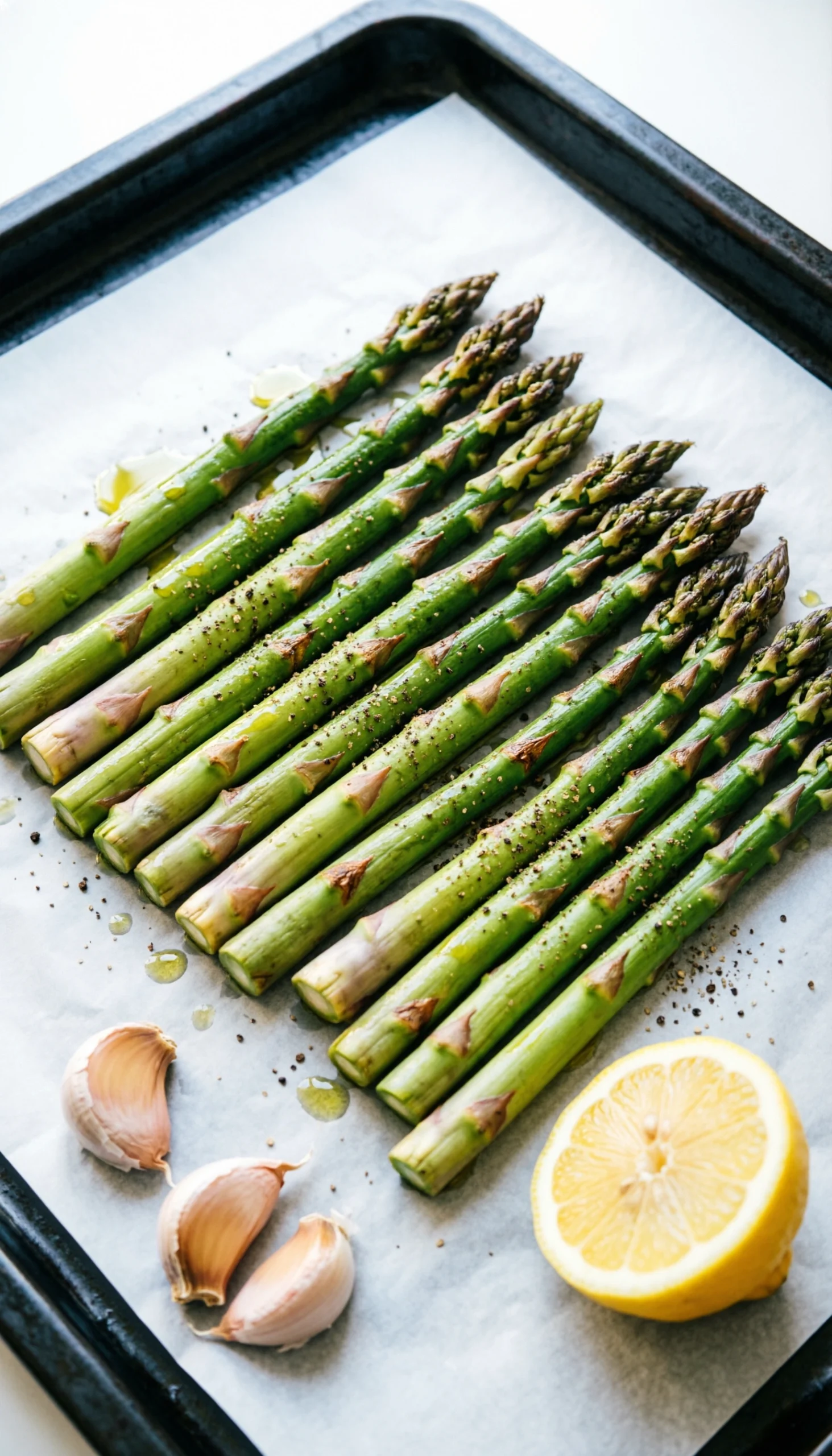 Roasted asparagus spears with olive oil and pepper on parchment paper, with lemon and garlic, for a healthy meal.