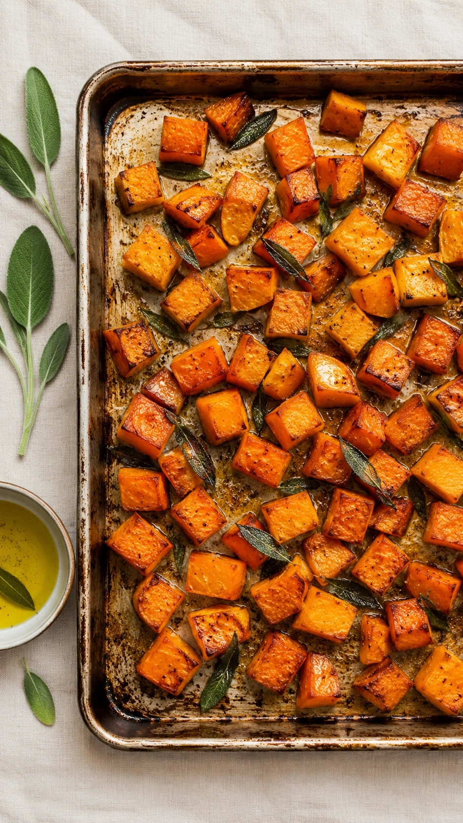 Roasted butternut squash cubes, garnished with crispy sage leaves and caramelized edges, on a rustic baking sheet.