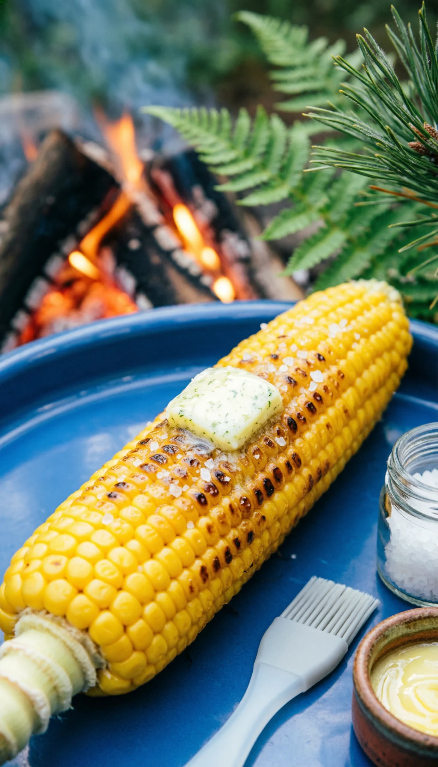 Roasted campfire corn on the cob with herb butter and salt, on an enamel tray near a blurred fire pit and foliage.