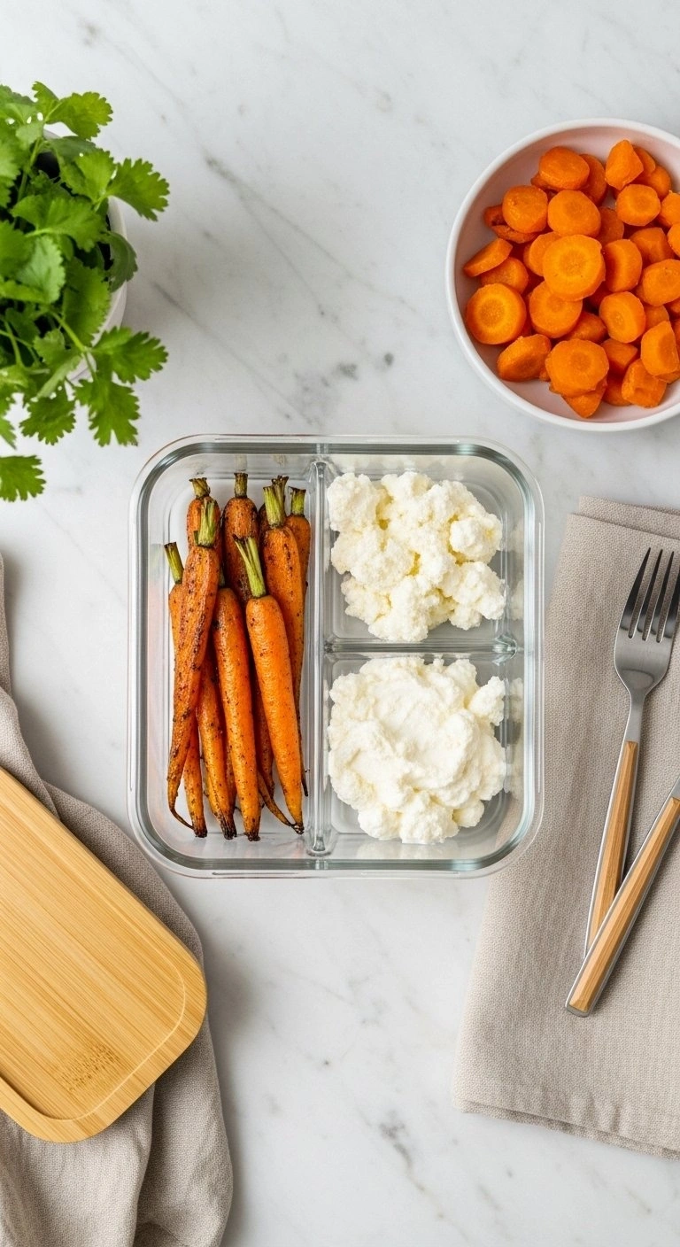 Roasted Carrots And Whipped Ricotta Stored In Glass Meal Prep Containers With A Bamboo Lid On A Marble Countertop.