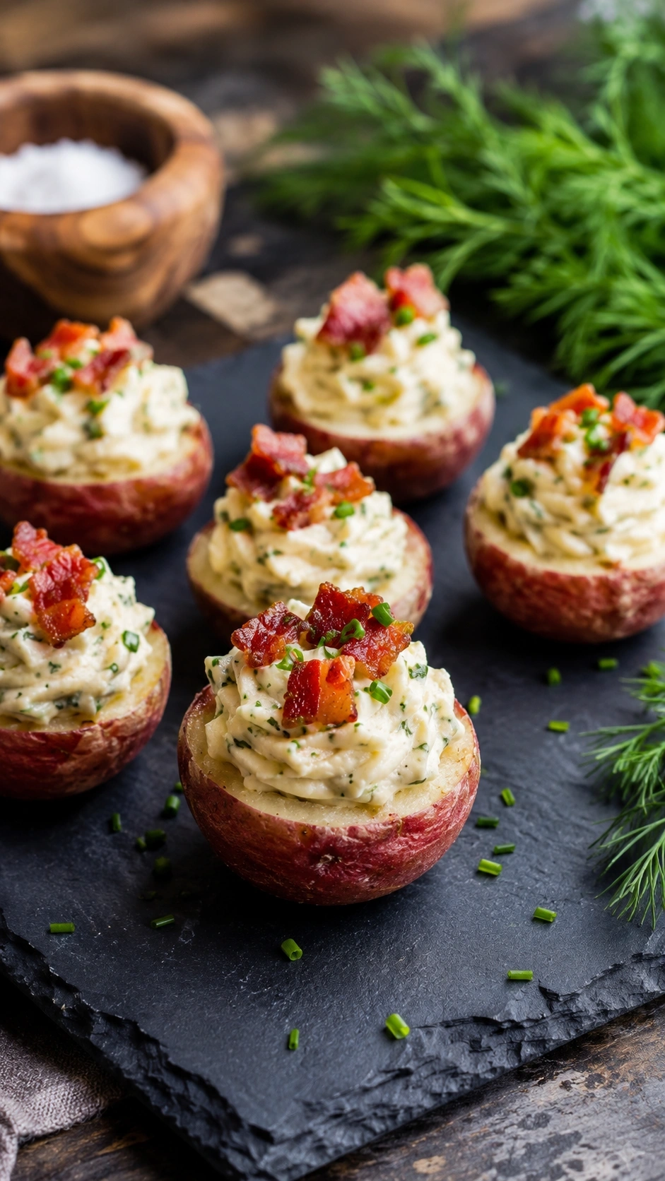 Roasted mini potato salad bites topped with bacon and chives on a slate board for a rustic outdoor summer appetizer.