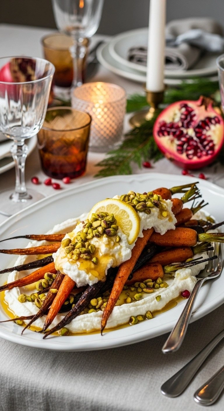Roasted Rainbow Carrots Over Whipped Ricotta With Hot Honey And Pistachio Gremolata On An Elegant Ceramic Platter.