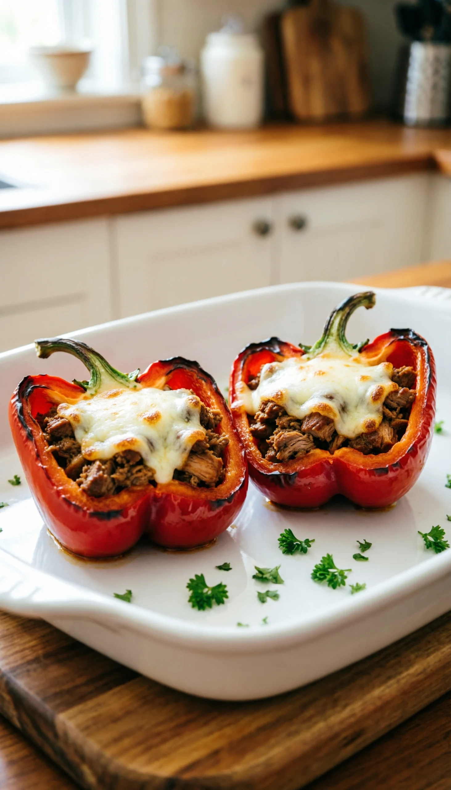 Roasted red bell peppers stuffed with Korean ground turkey and melted mozzarella cheese in a ceramic baking dish.