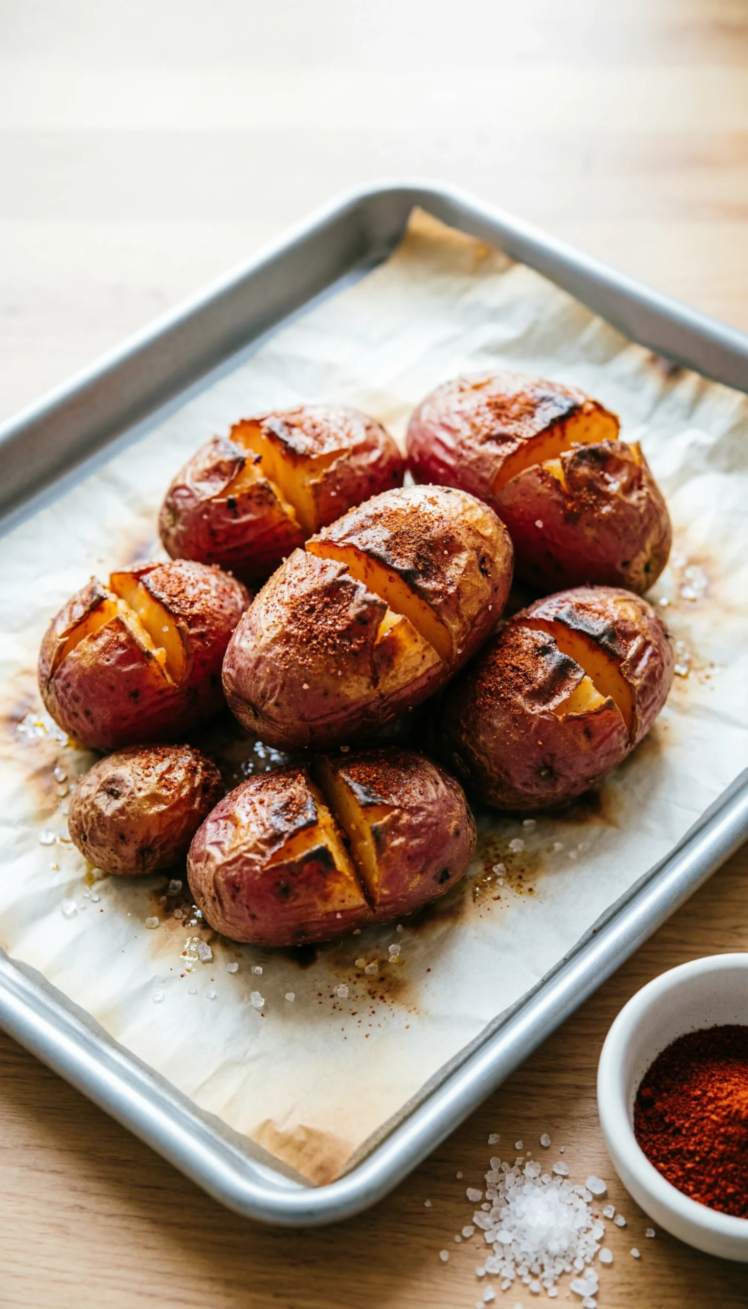 Roasted red potatoes with a sweet and spicy caramelized chili crust on a parchment-lined silver baking sheet.
