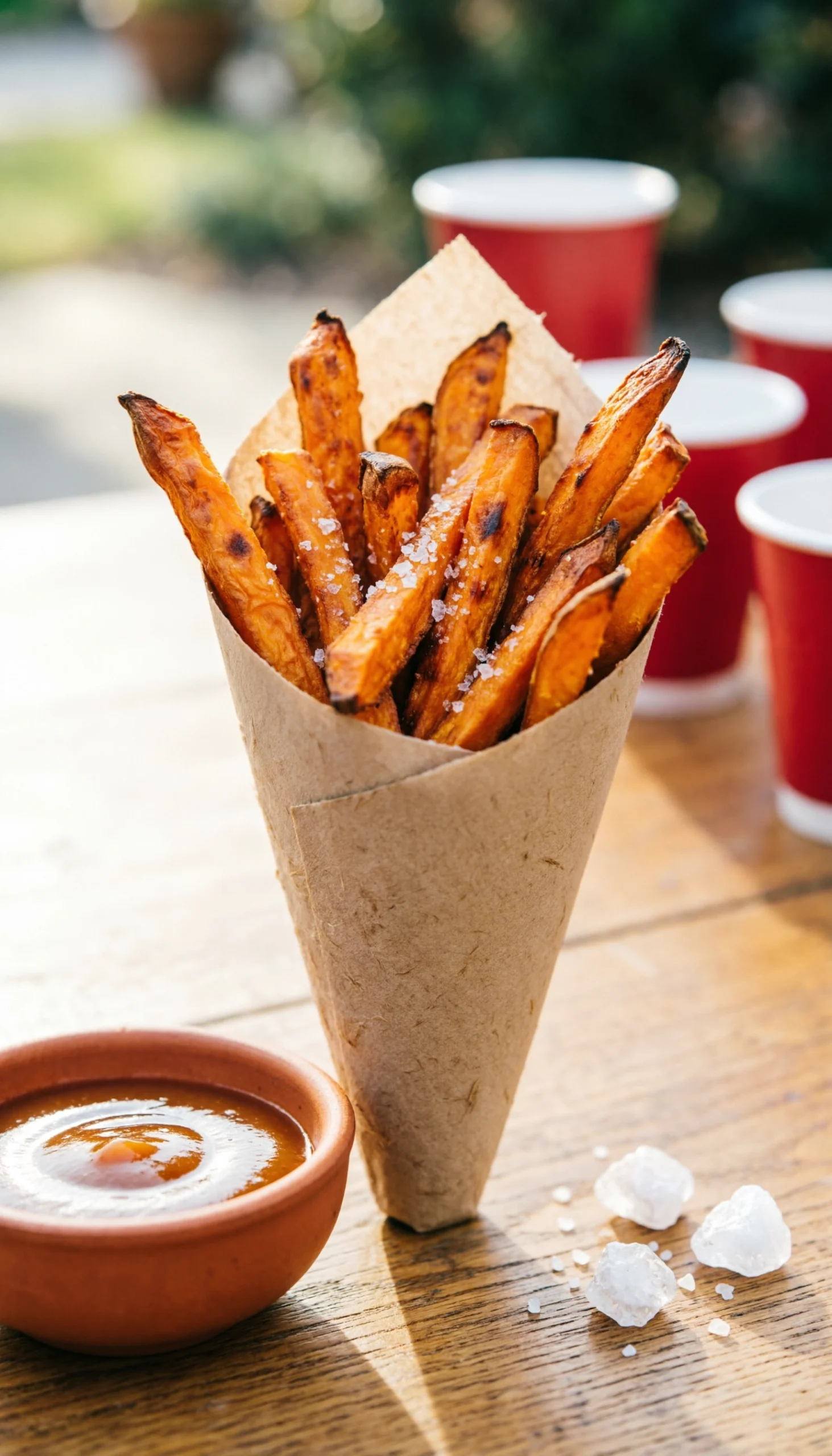 Roasted sweet potato fries in a rustic paper cone on a wooden table for a healthy and crispy summer cookout side for kids.